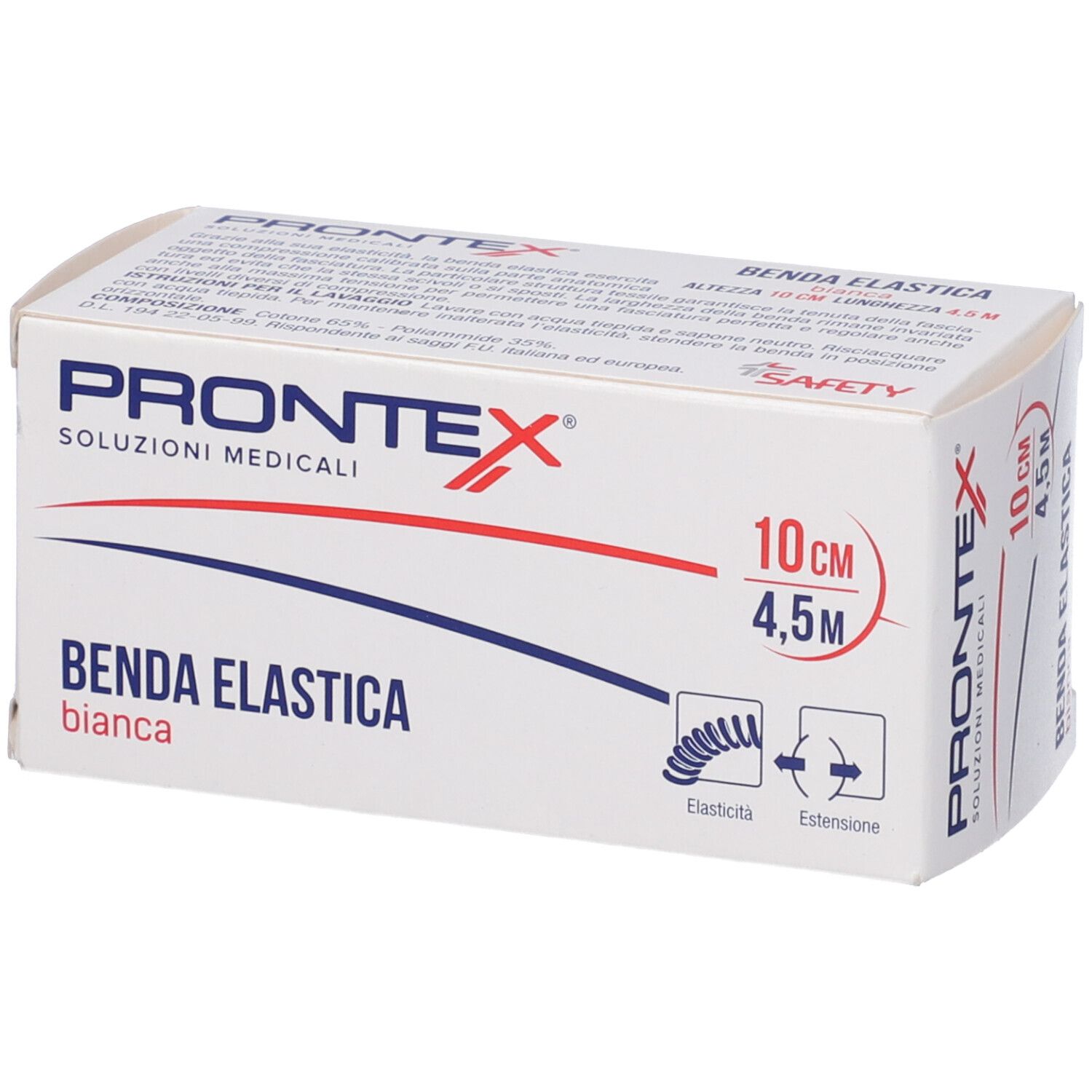 Verpackung medizinischer elastischer Binde. Aufdruck: Prontex, Benda Elastica, 10cm x 4,5m. CE-Kennzeichnung.