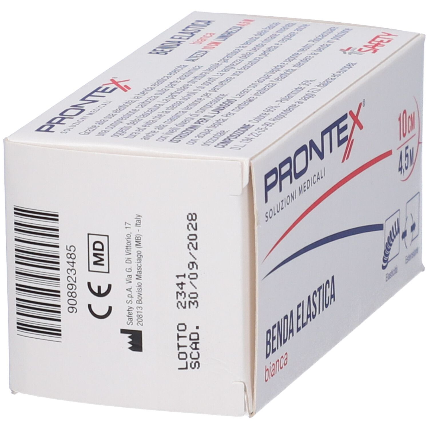 Verpackung medizinischer elastischer Binde. Aufdruck: Prontex, Benda Elastica, 10cm x 4,5m. Illustration: Elastizität.