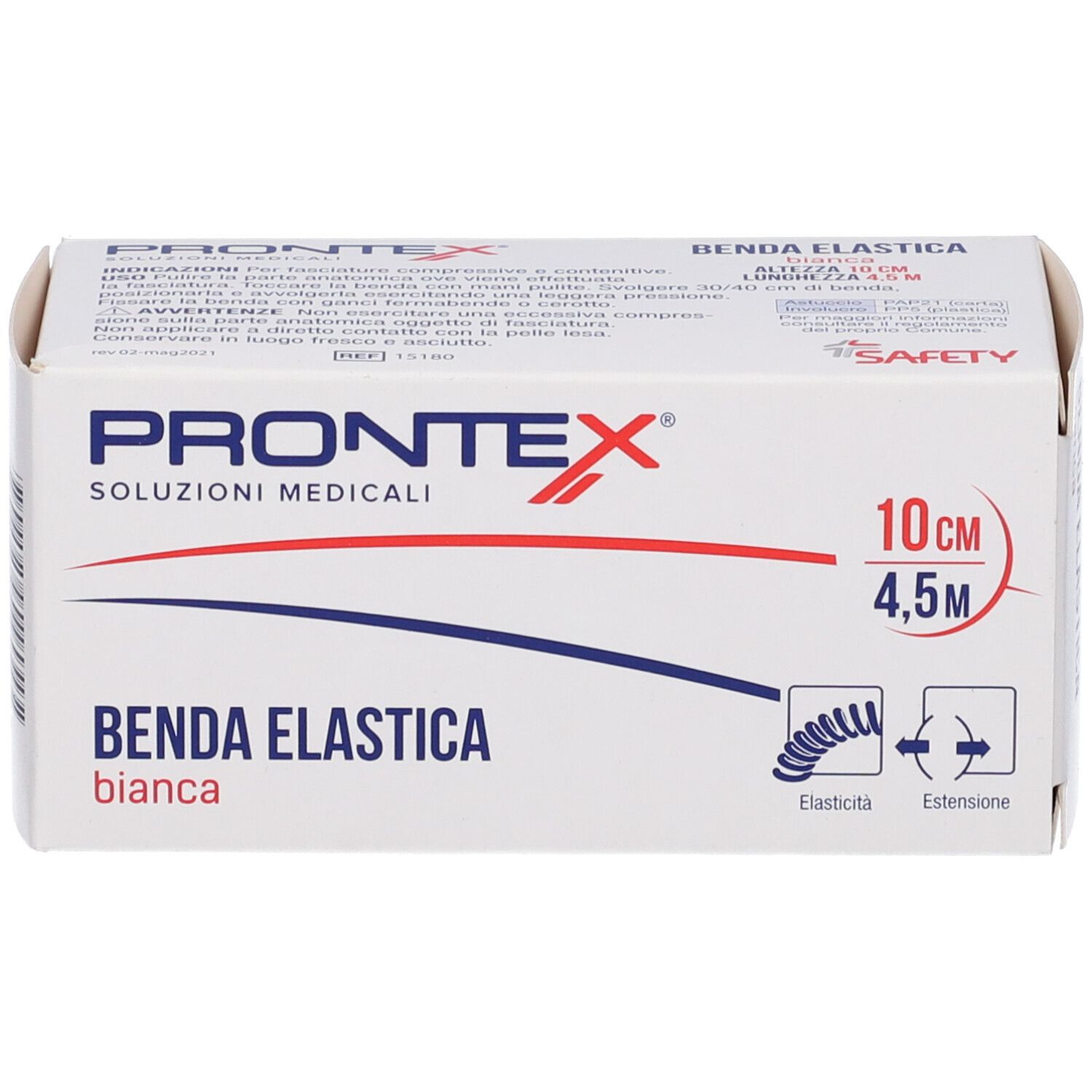 Verpackung medizinischer elastischer Binde. Aufdruck: Prontex, Benda Elastica, 10cm x 4,5m. Illustration: Elastizität.