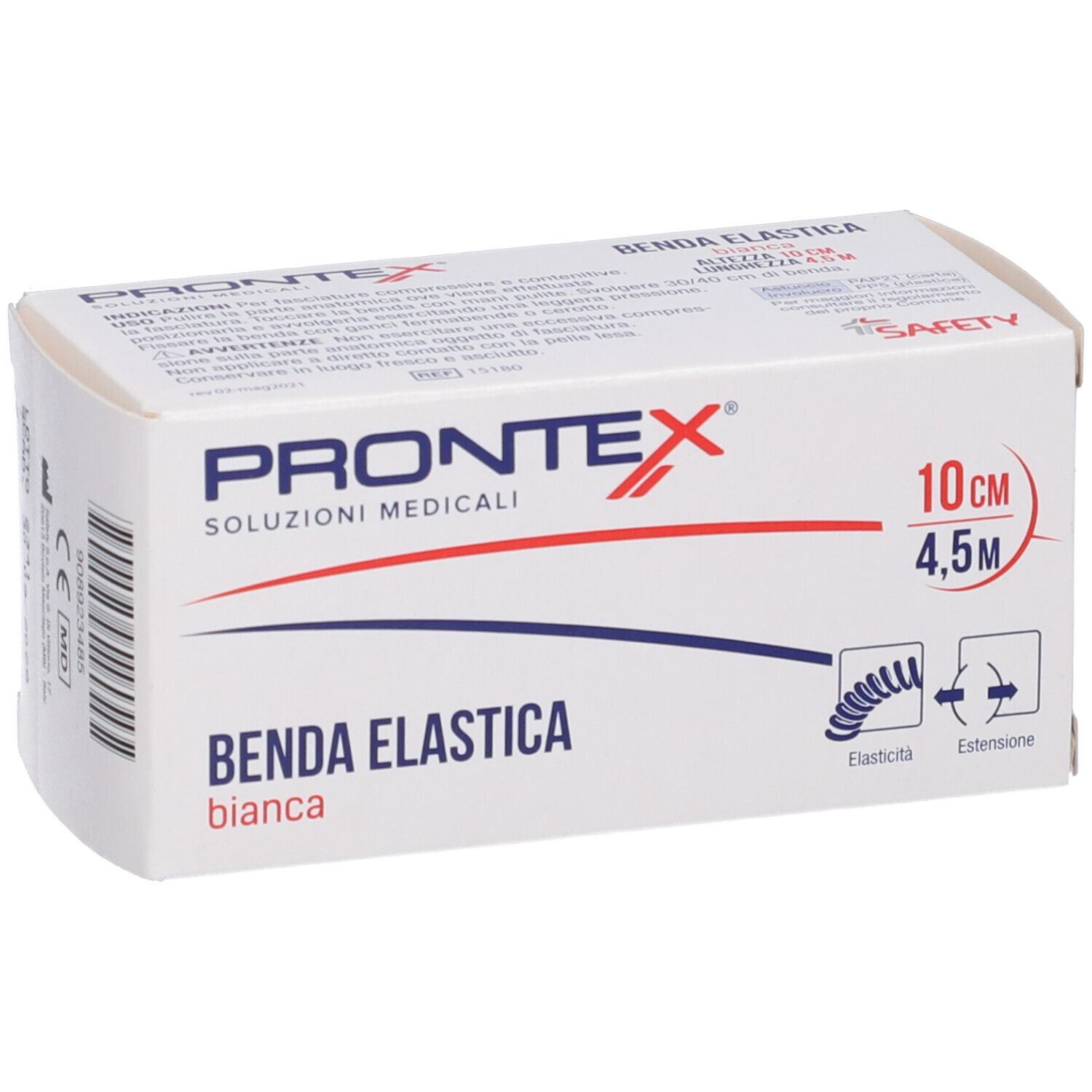 Verpackung medizinischer elastischer Binde. Aufdruck: Prontex, Benda Elastica, 10cm x 4,5m. Illustration: Elastizität.