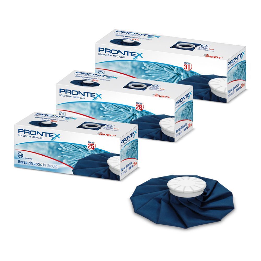 Tre scatole e una borsa del ghiaccio blu. Sulle scatole "Prontex". Diametri 25, 28 e 31 cm.