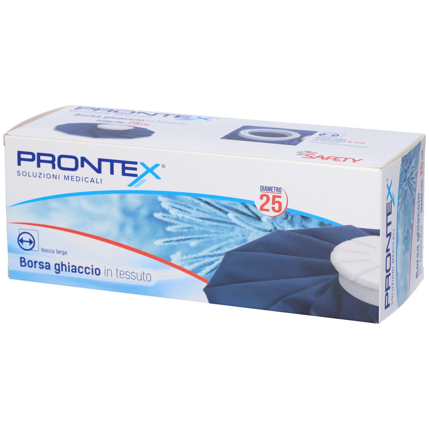 Scatola con borsa del ghiaccio blu. Sulla scatola "Prontex", "Borsa ghiaccio in tessuto" e diametro 25 cm.