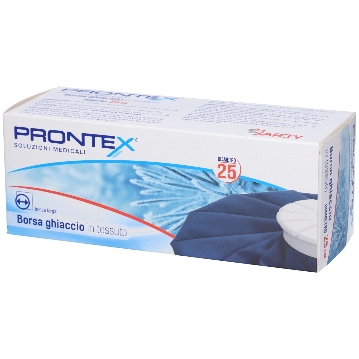 Scatola con borsa del ghiaccio blu. Sulla scatola "Prontex", "Borsa ghiaccio in tessuto" e diametro 25 cm.