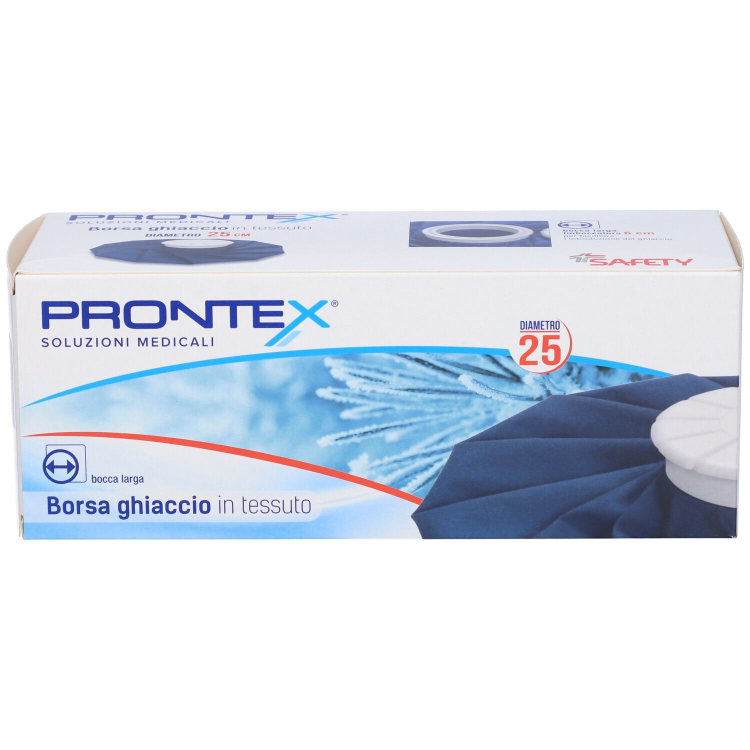 Scatola con borsa del ghiaccio blu. Sulla scatola "Prontex", "Borsa ghiaccio in tessuto" e diametro 25 cm.