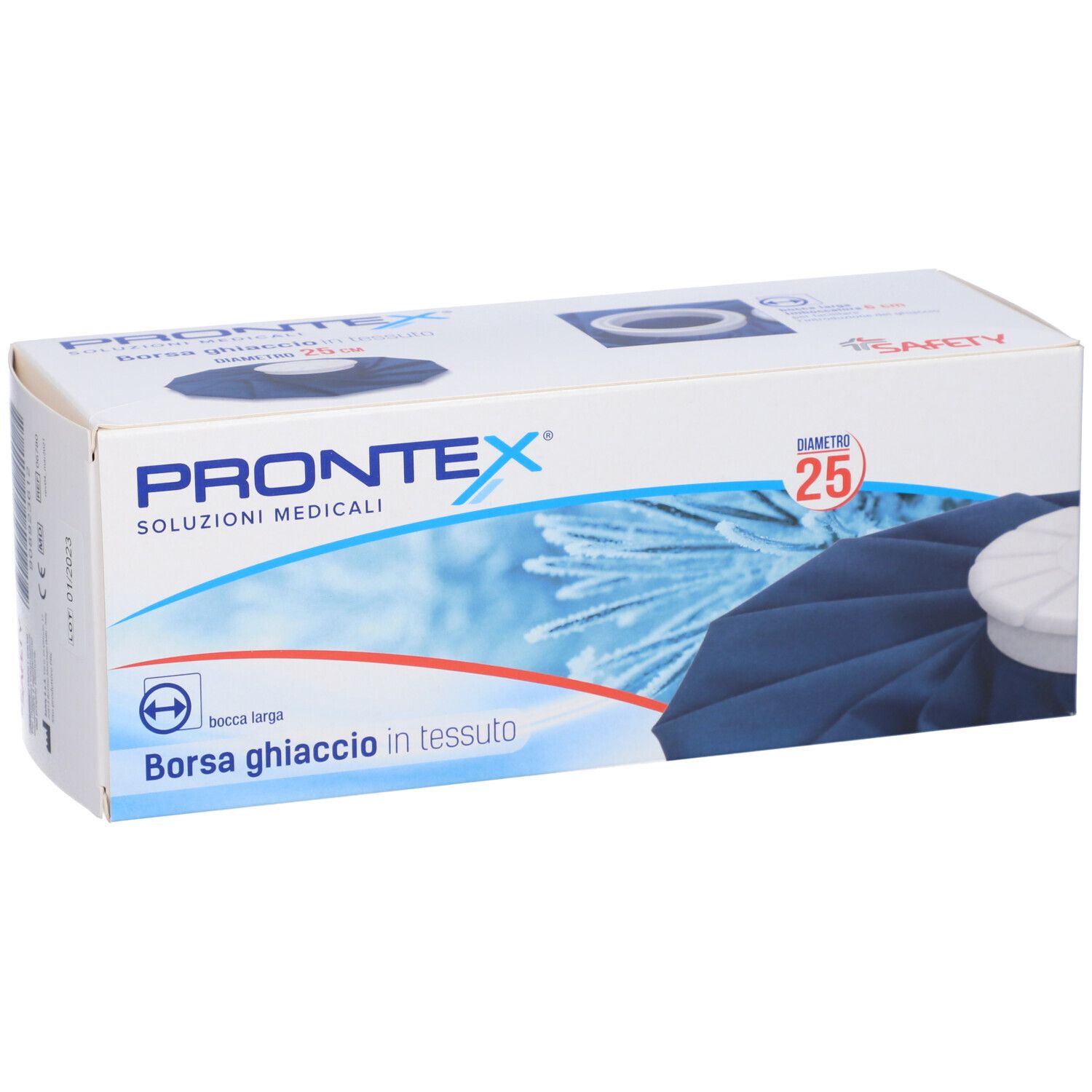 Scatola con borsa del ghiaccio blu. Sulla scatola "Prontex", "Borsa ghiaccio in tessuto" e diametro 25 cm.