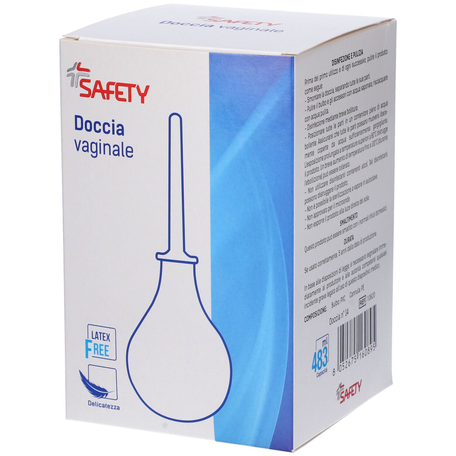 Scatola "SAFETY" con "Doccia vaginale". Immagine del prodotto e testo sulla confezione.