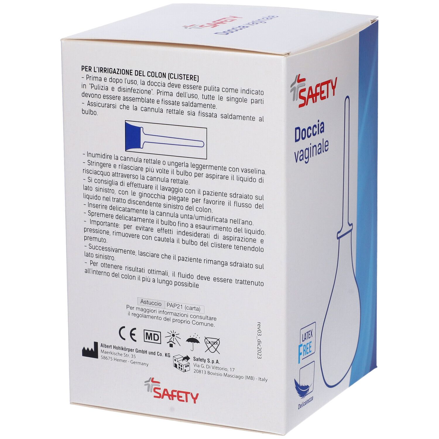 Scatola "SAFETY" con "Doccia vaginale". Testo e immagine del prodotto sulla confezione.