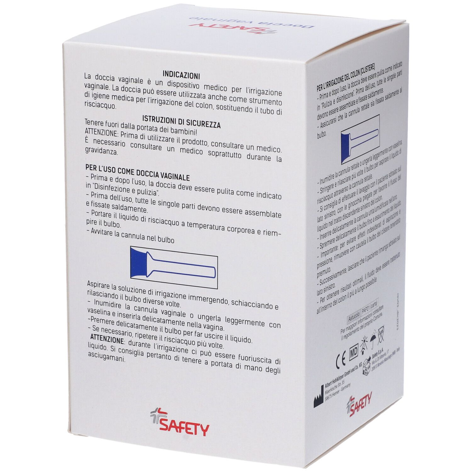 Scatola "SAFETY" con "Doccia vaginale". Testo e immagine del prodotto sulla confezione.