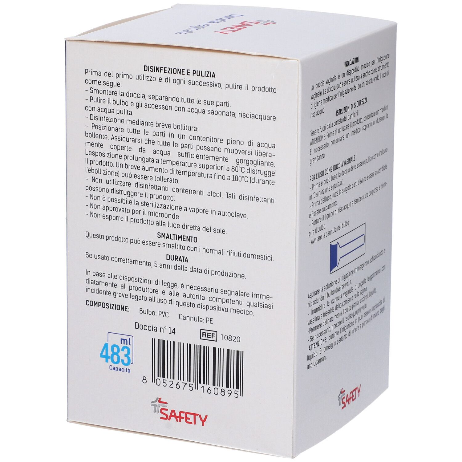 Scatola "SAFETY" con "Doccia vaginale". Testo e immagine del prodotto sulla confezione.