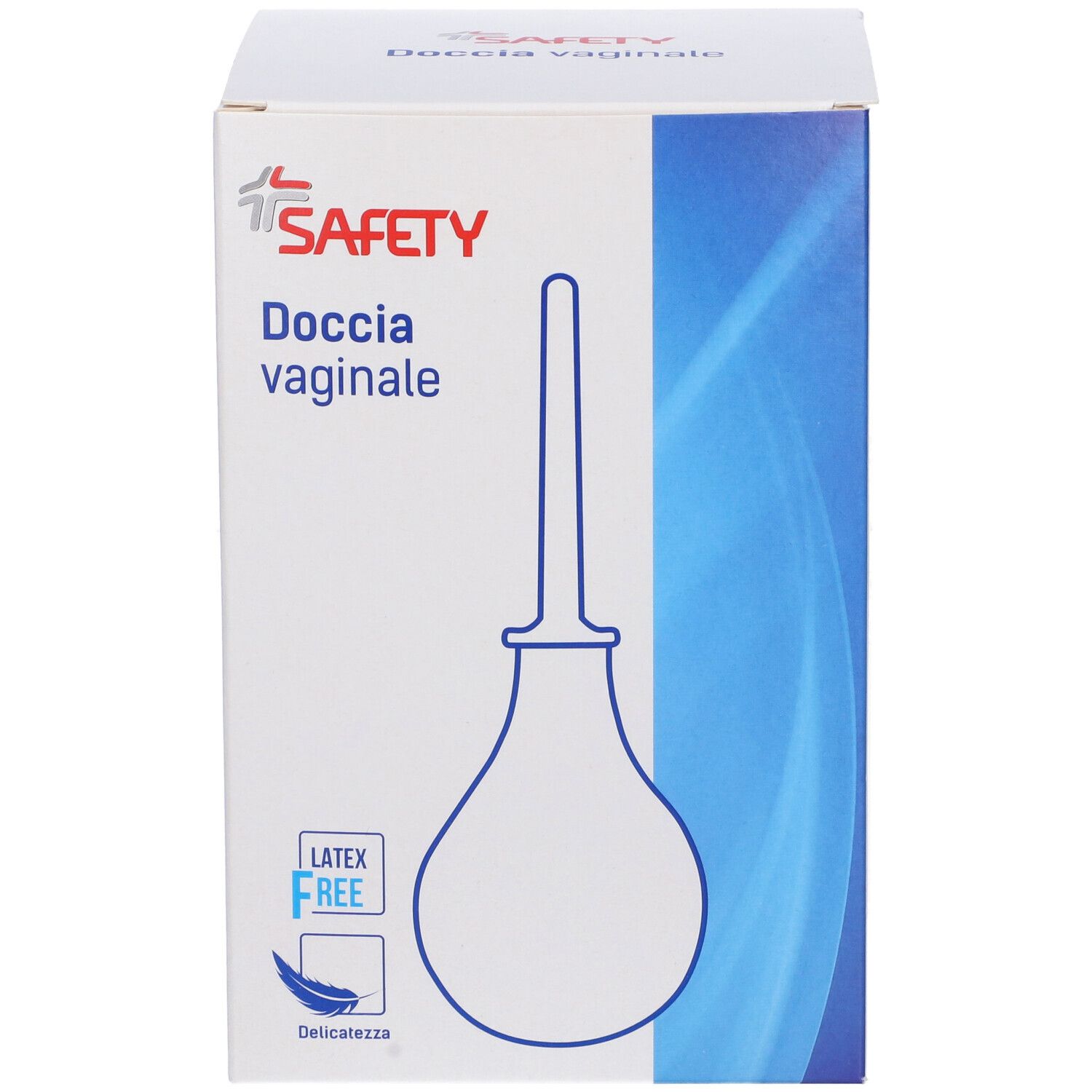 Scatola "SAFETY" con "Doccia vaginale". Immagine del prodotto e testo sulla confezione.