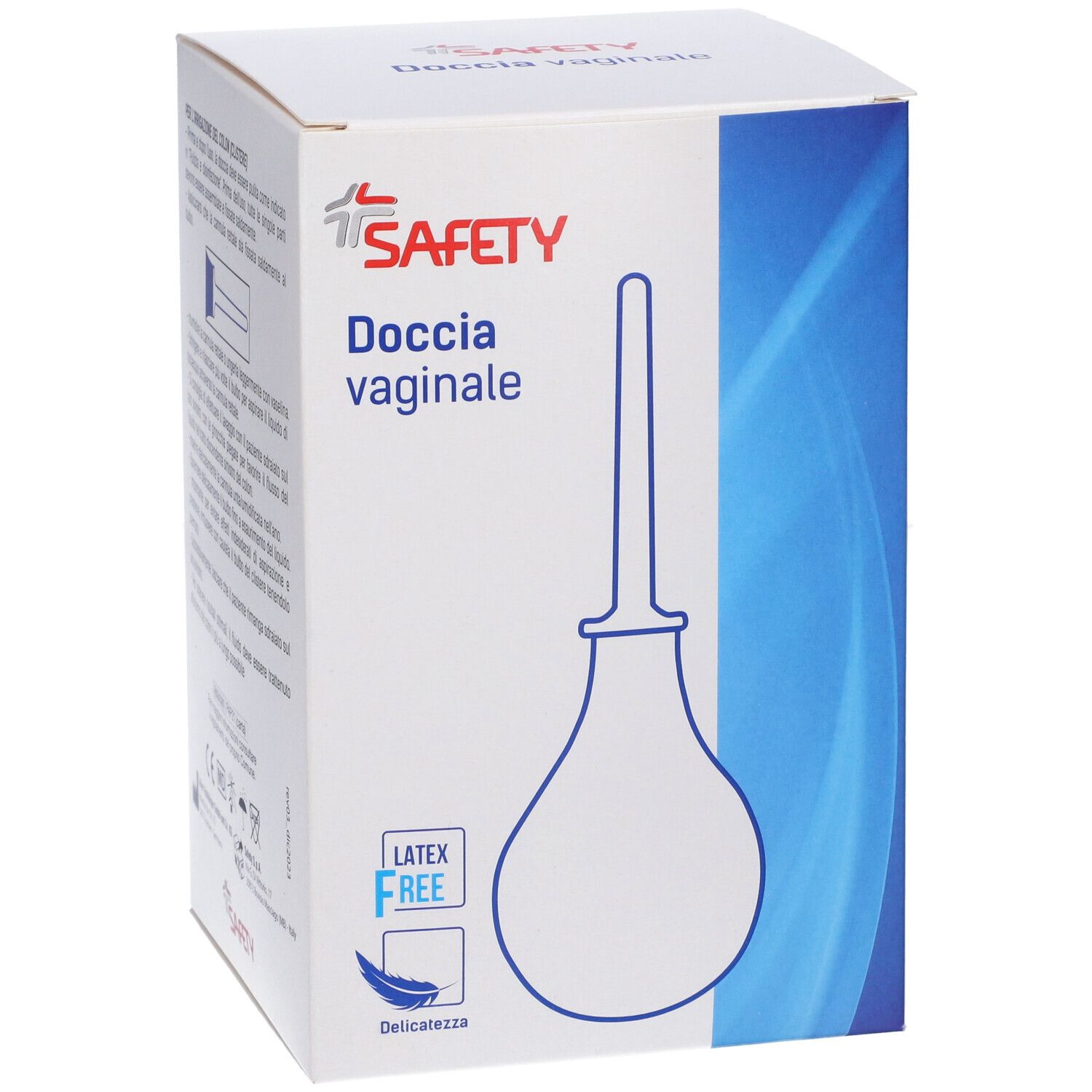 Scatola "SAFETY" con testo "Doccia vaginale". Logo senza lattice e immagine del prodotto.