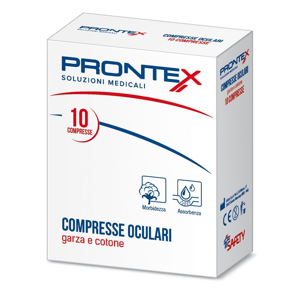 Scatola bianca "PRONTEX". Contiene 10 compresse. Scritto: "COMPRESSE OCULARI garza e cotone". Simboli morbidezza e assorbenza.