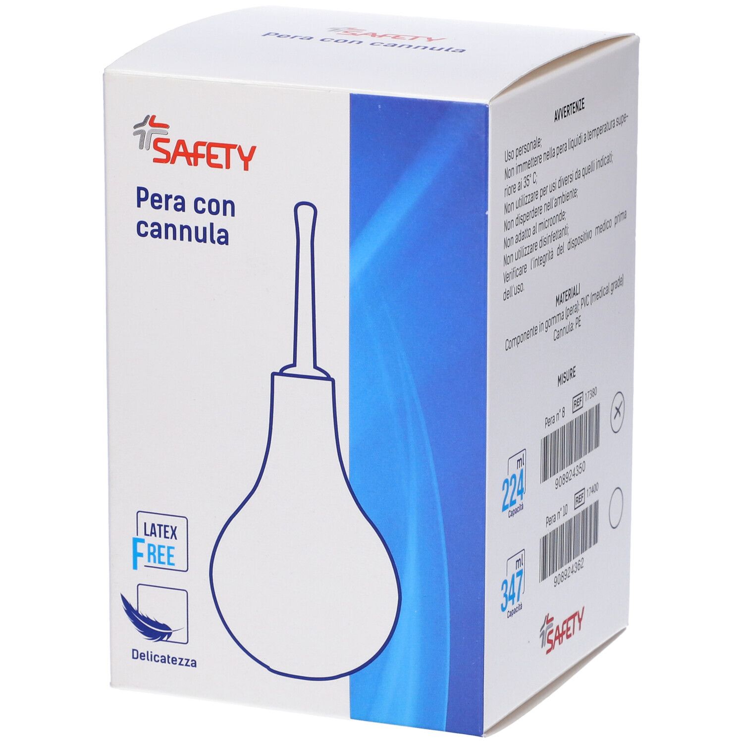 Confezione Pera con cannula. Scatola bianca con banda blu. Illustrazione del prodotto. Testo: SAFETY, Pera con cannula, Latex Free.