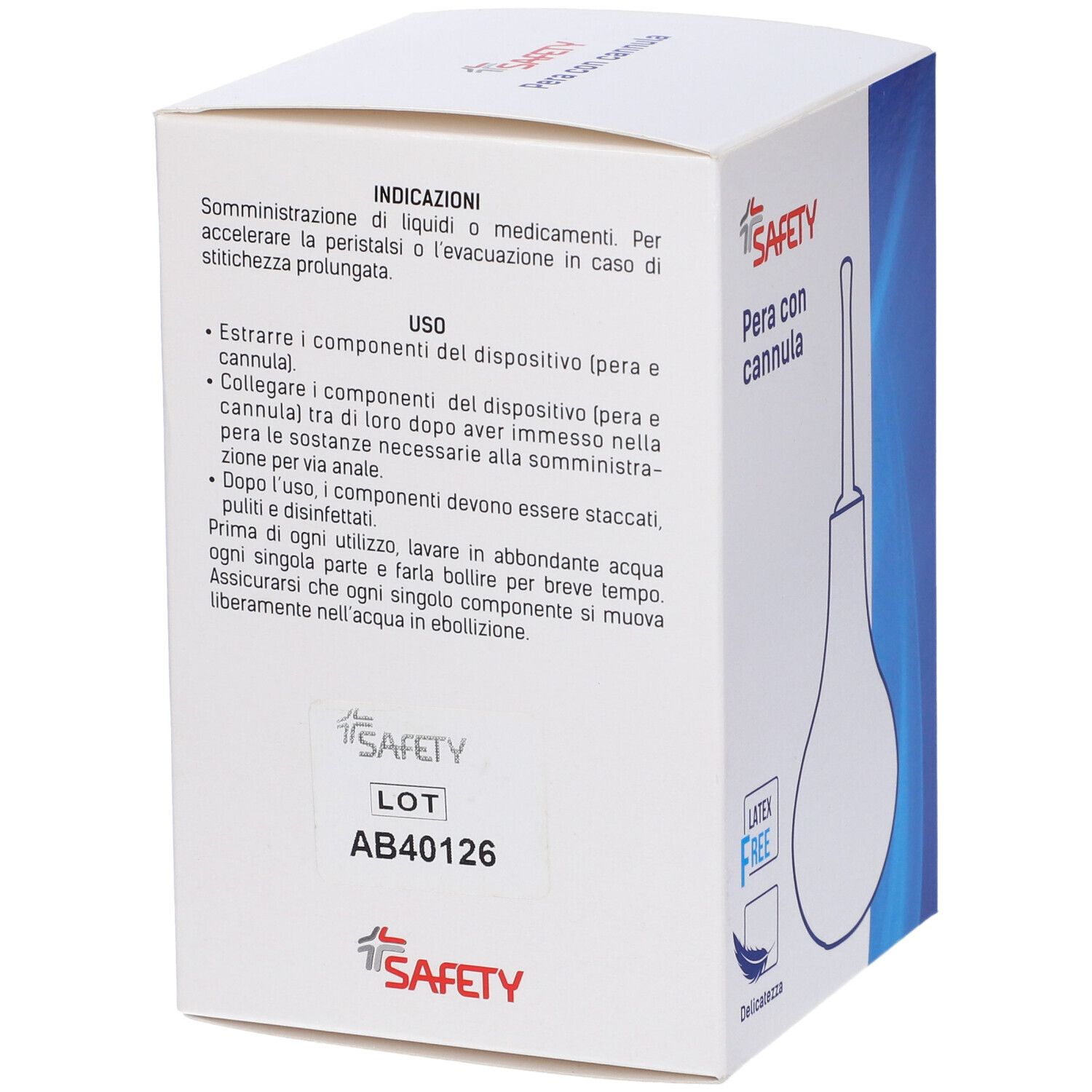 Retro confezione Pera con cannula. Testo: SAFETY, Pera con cannula, Indicazioni, Uso, LOT AB40126, Latex Free.