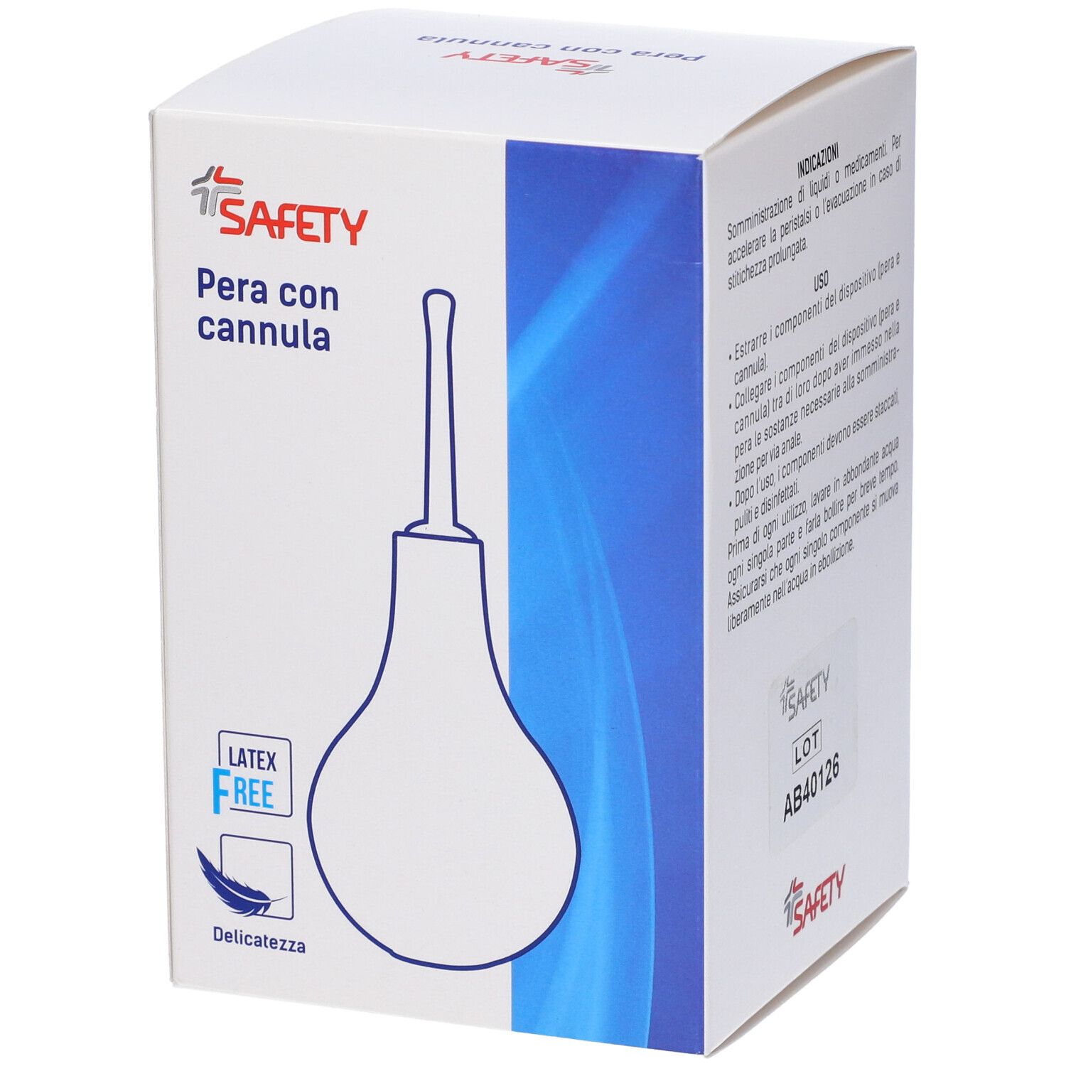 Confezione Pera con cannula. Scatola bianca con banda blu. Illustrazione del prodotto. Testo: SAFETY, Pera con cannula, Latex Free.