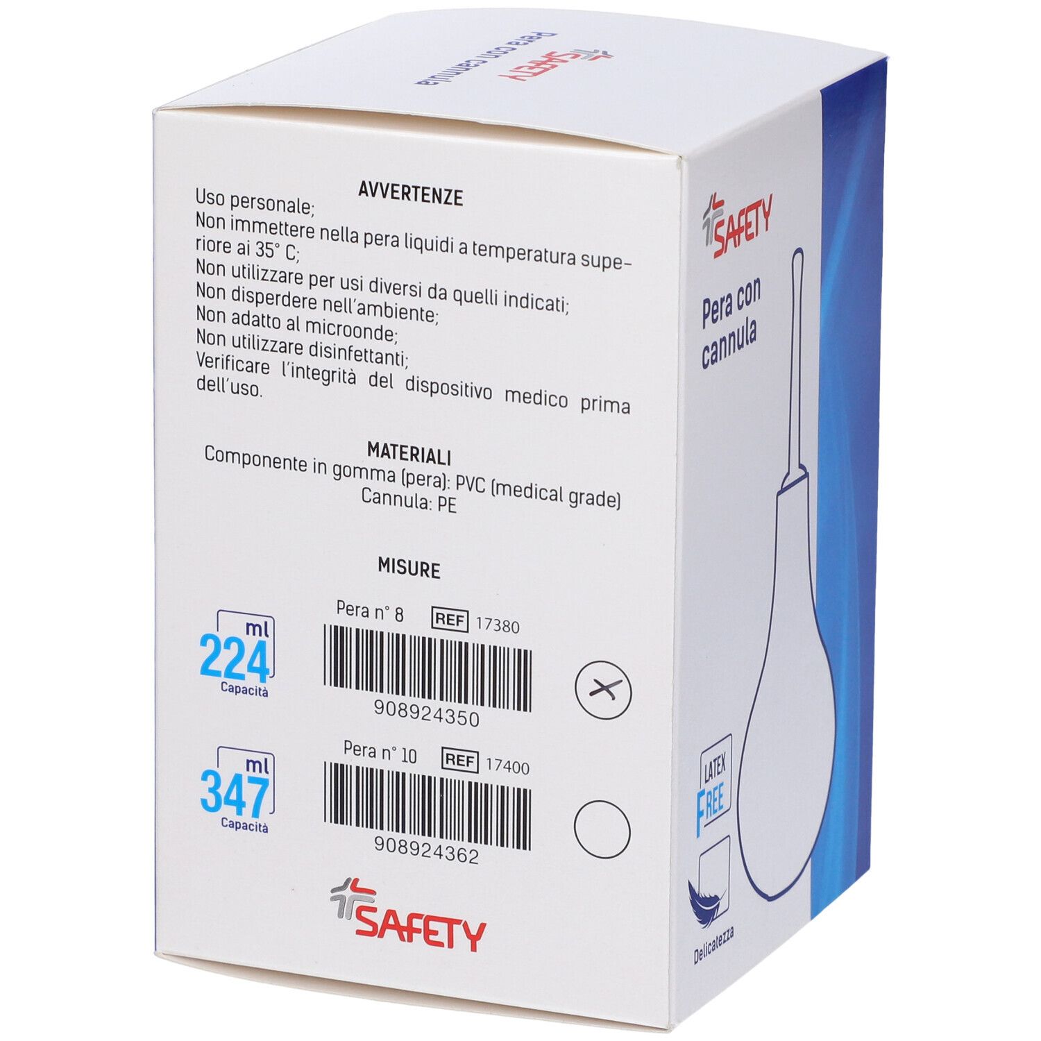 Confezione Pera con cannula. Testo: SAFETY, Pera con cannula, Misure, 224 ml, 347 ml. Illustrazione del prodotto. Latex Free.