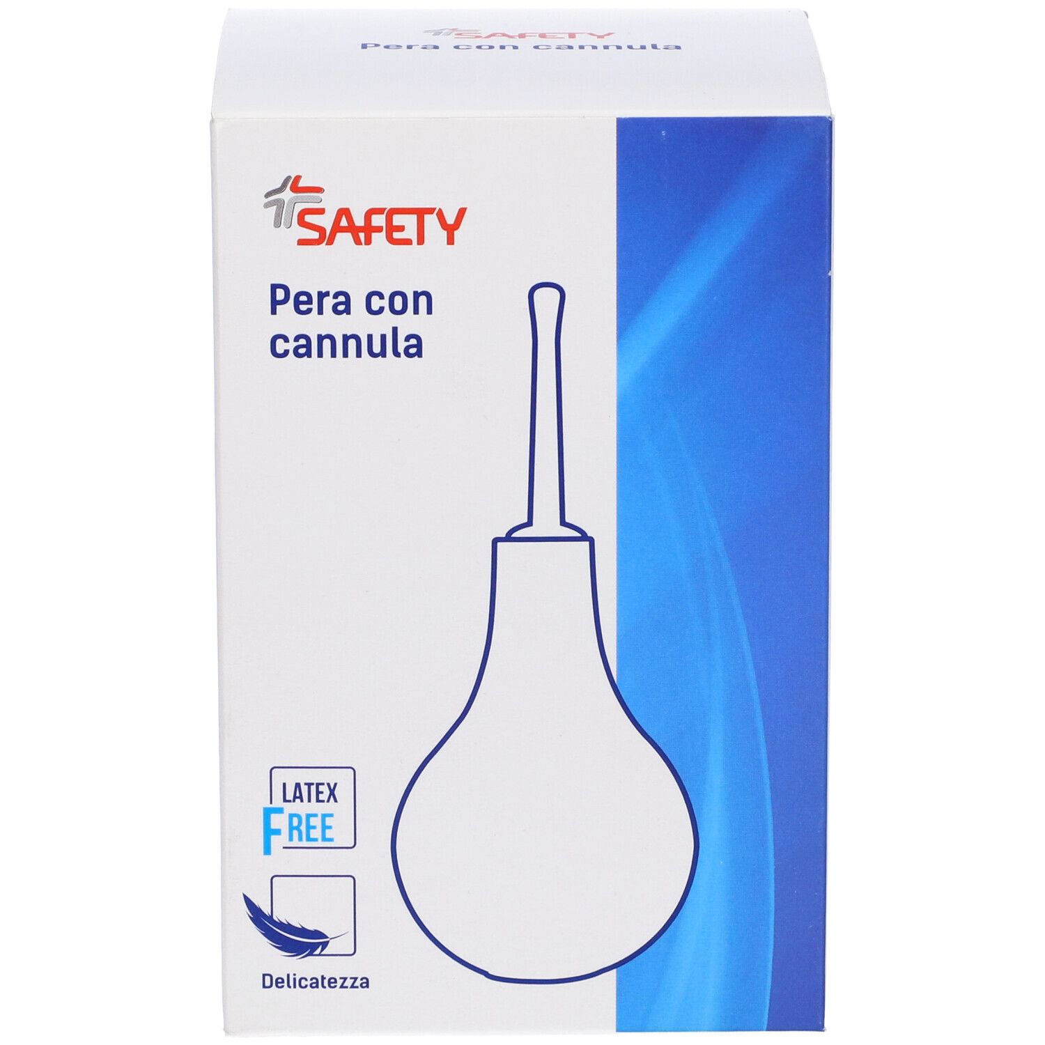 Confezione Pera con cannula. Scatola bianca con banda blu. Illustrazione del prodotto. Testo: SAFETY, Pera con cannula, Latex Free.
