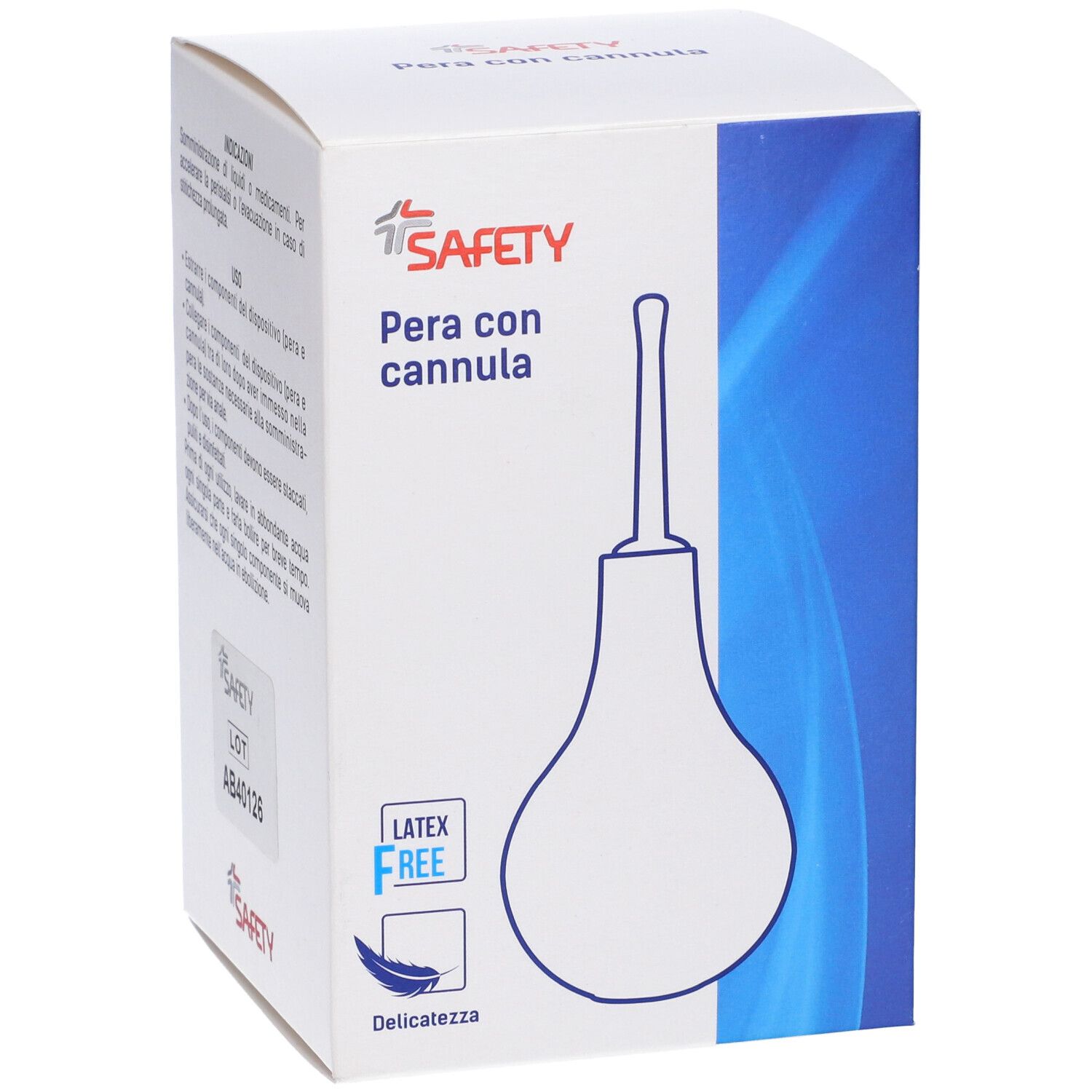 Confezione Pera con cannula. Testo: SAFETY, Pera con cannula, LOT AB40126, Latex Free.