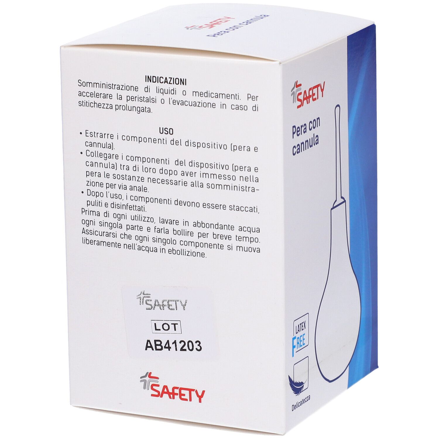 Confezione Pera con cannula. Retro con istruzioni per l'uso.