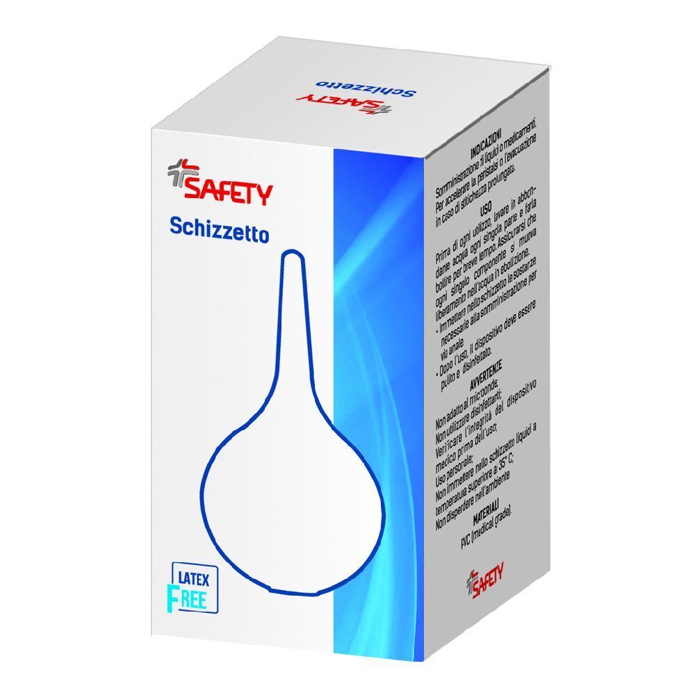 Scatola bianca con immagine del prodotto. Scritto: SAFETY Schizzetto. Logo senza lattice. Dispositivo medico.