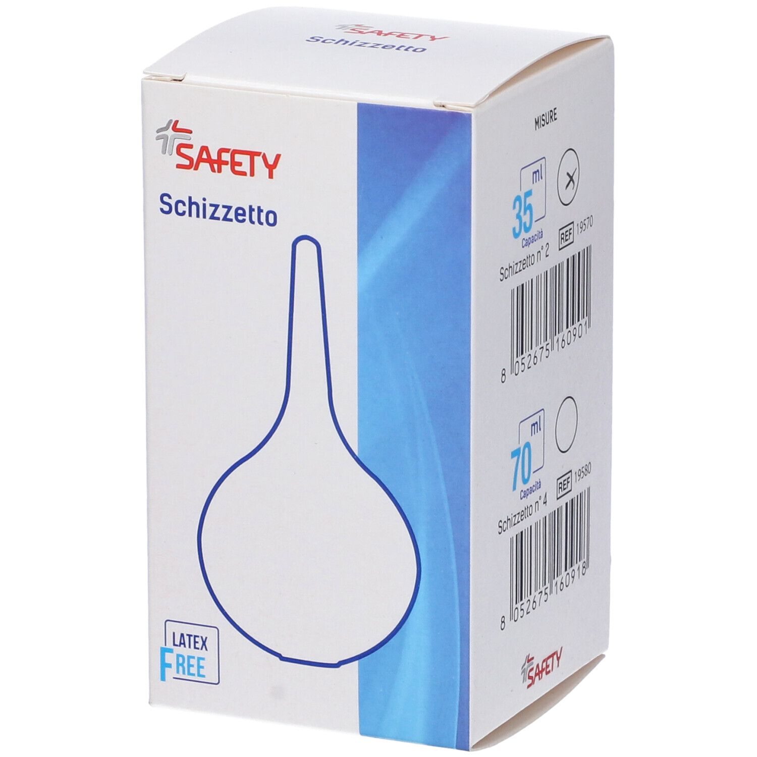 Scatola con immagine del prodotto e indicazioni di dimensioni. Scritto: SAFETY Schizzetto. Varianti 35 ml e 70 ml.