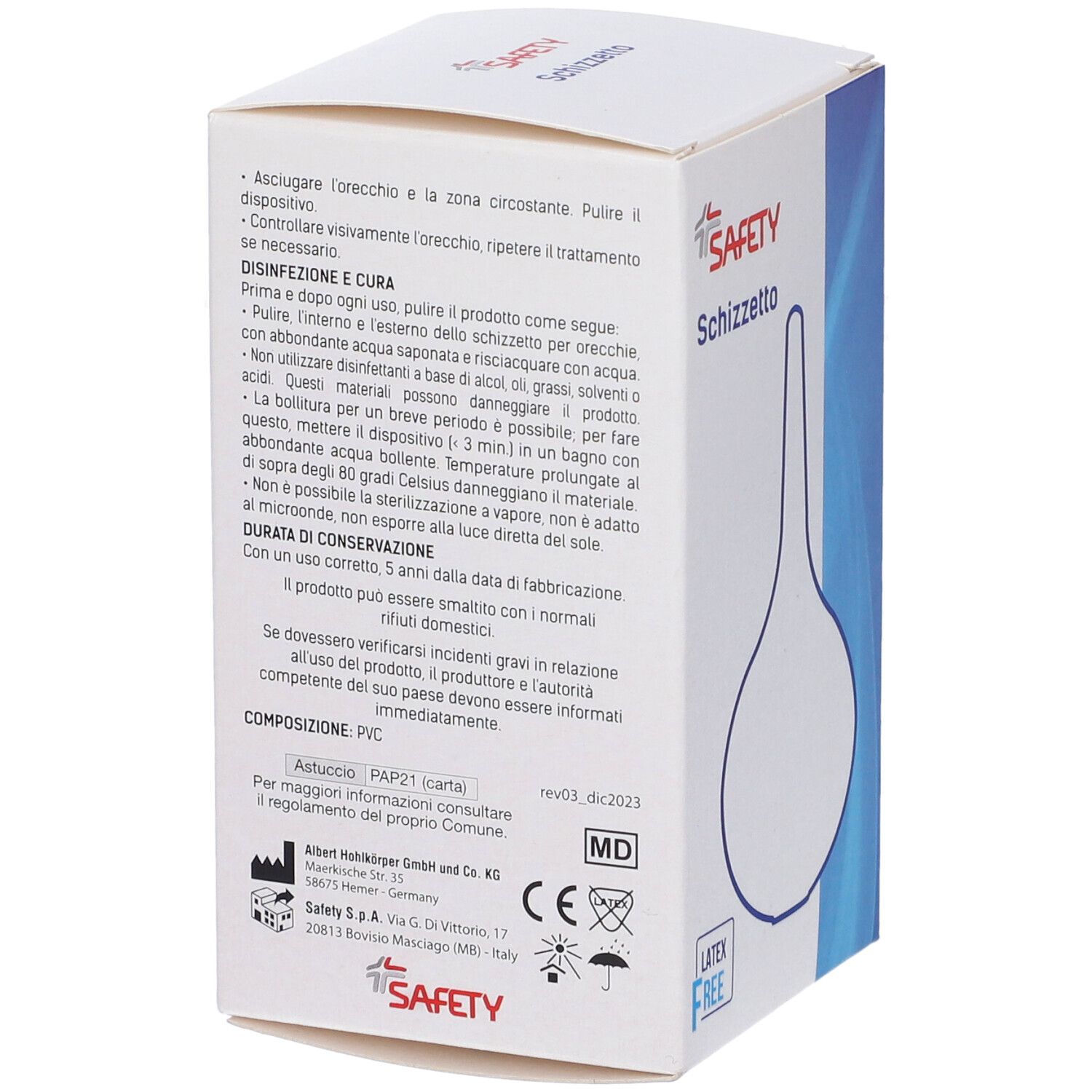 Retro della scatola con testo. Scritto: SAFETY Schizzetto. Informazioni su uso, cura e ingredienti. Dispositivo medico.