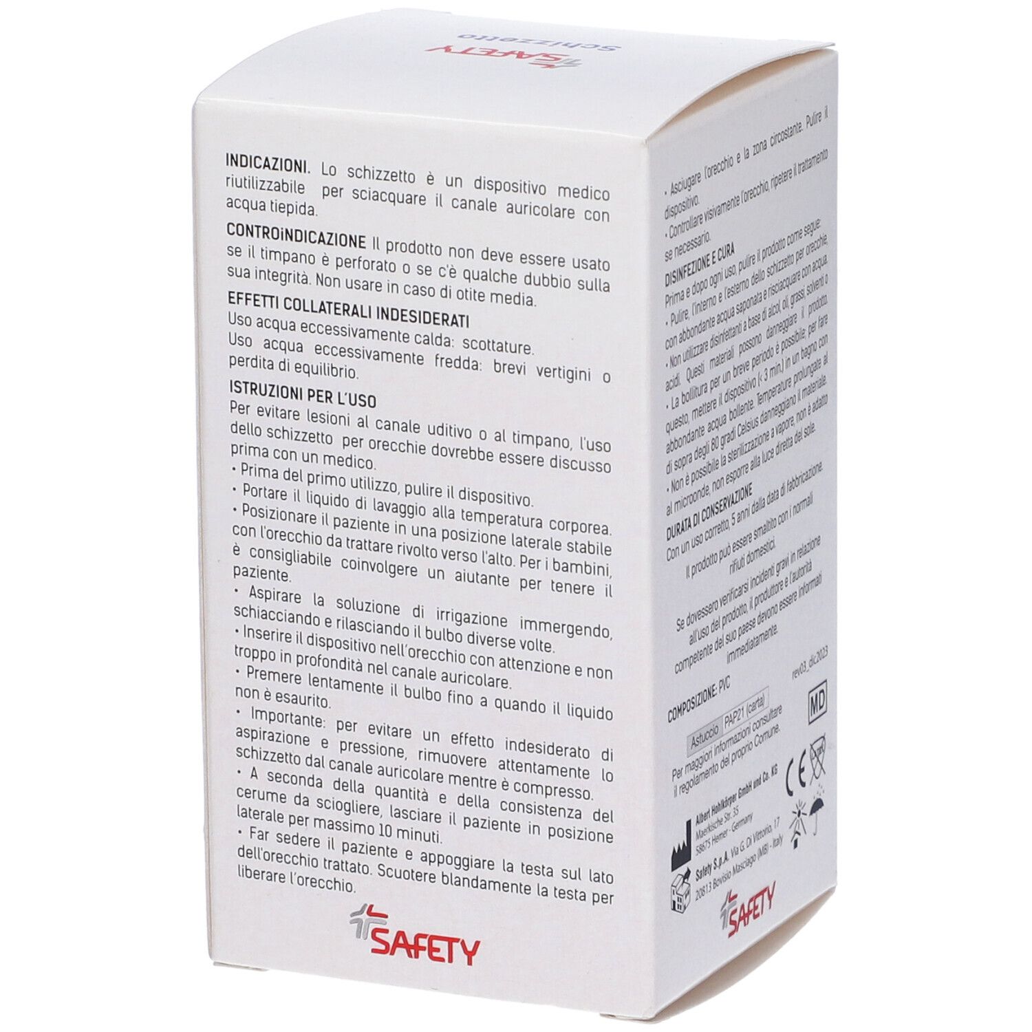 Lato della scatola con testo. Scritto: SAFETY Schizzetto. Informazioni su indicazioni e controindicazioni. Dispositivo medico.