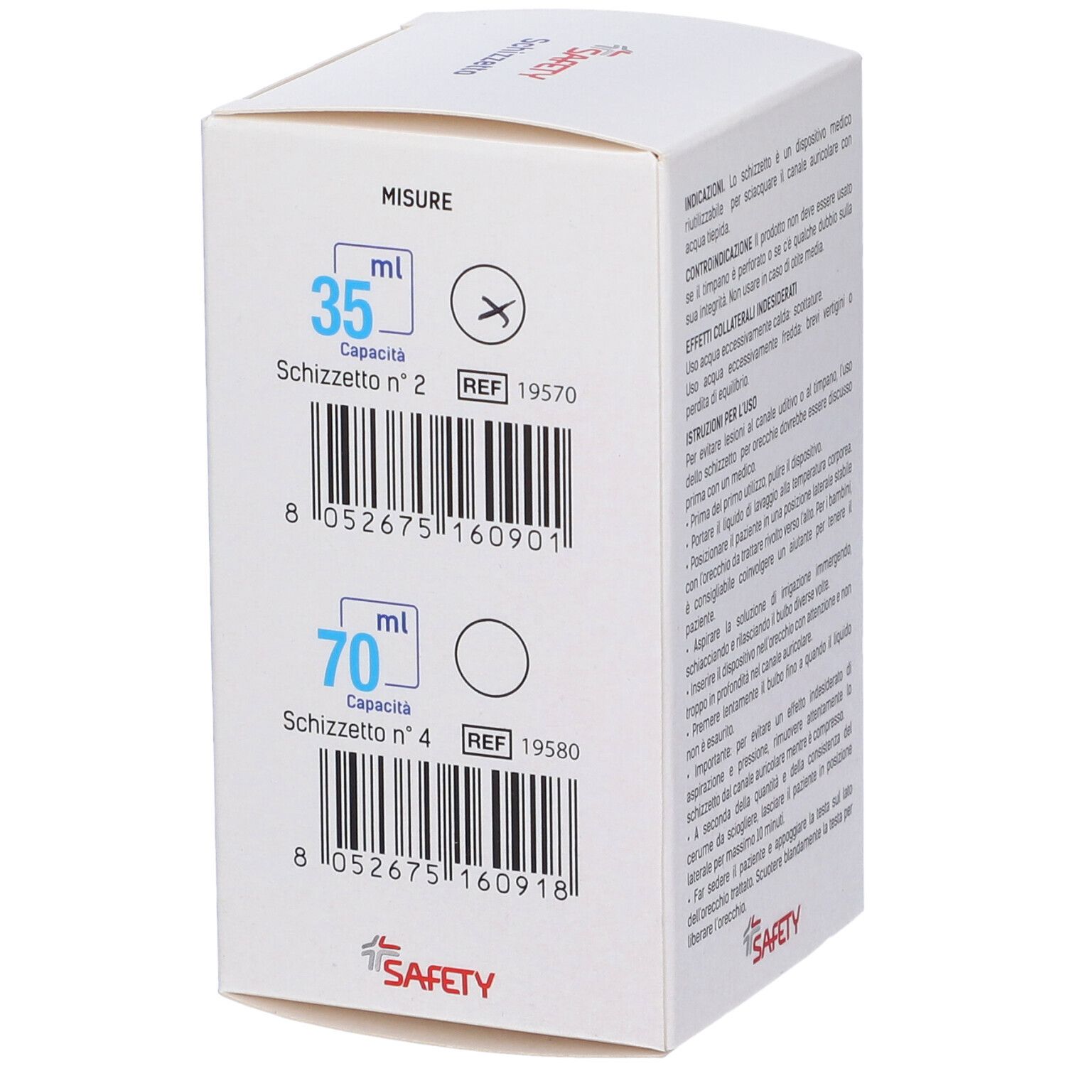 Scatola con indicazioni di dimensioni. Scritto: SAFETY Schizzetto. Varianti 35 ml e 70 ml. Codici a barre e numeri di riferimento.