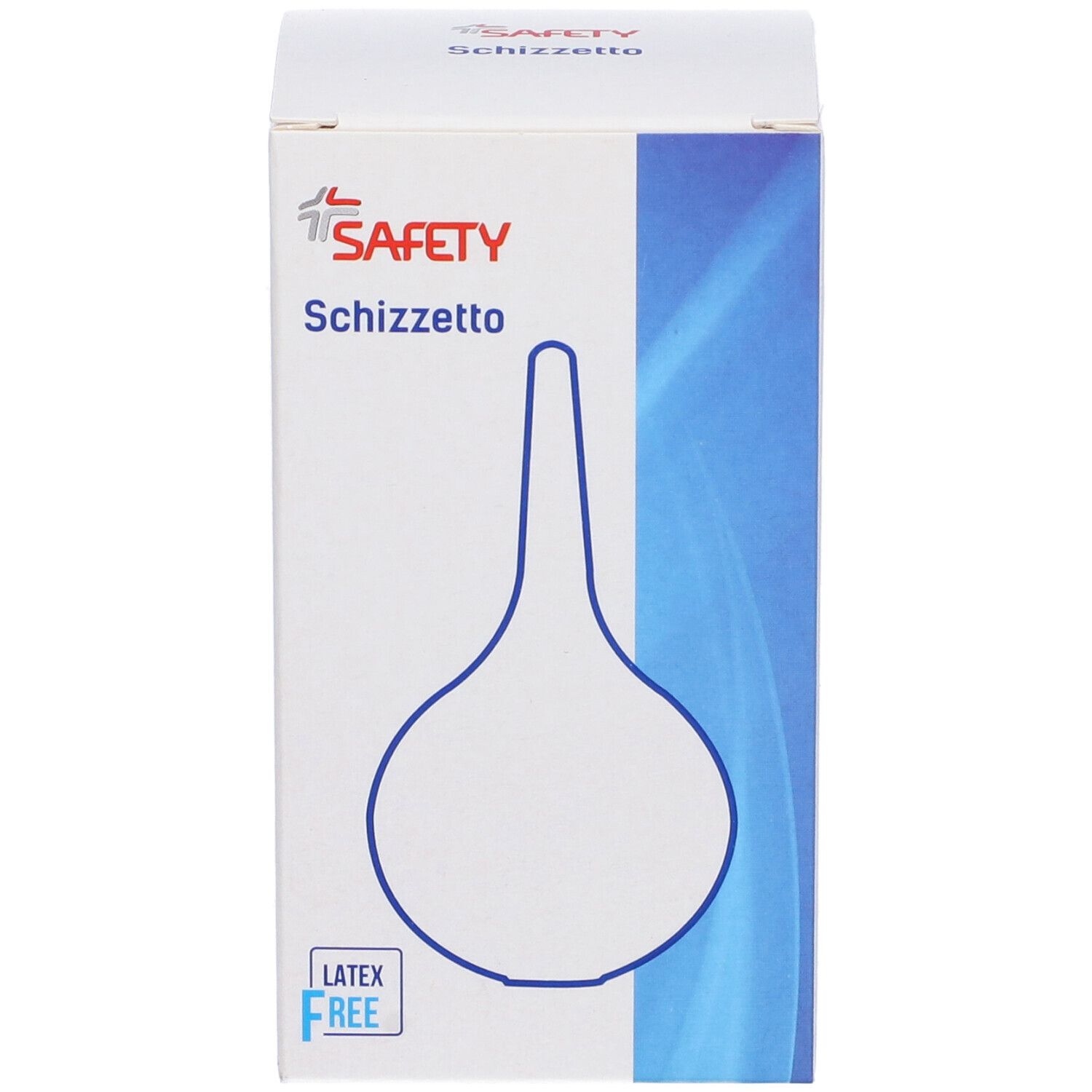 Scatola bianca con immagine del prodotto. Scritto: SAFETY Schizzetto. Logo senza lattice. Dispositivo medico.