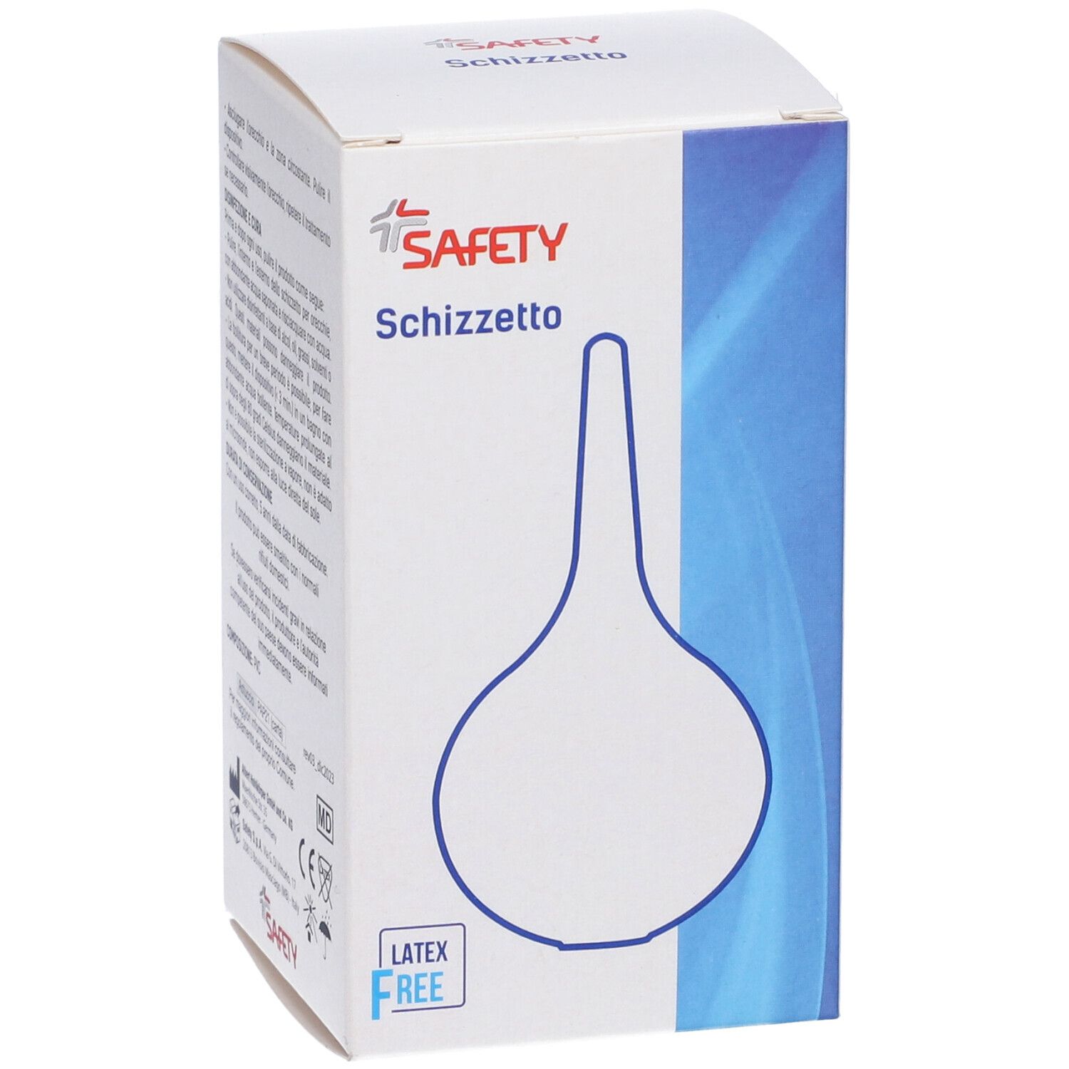 Scatola bianca con immagine del prodotto. Scritto: SAFETY Schizzetto. Logo senza lattice. Dispositivo medico.
