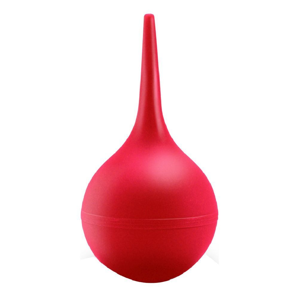 Pera per clistere rossa in gomma. Forma a pera con applicatore lungo e appuntito.