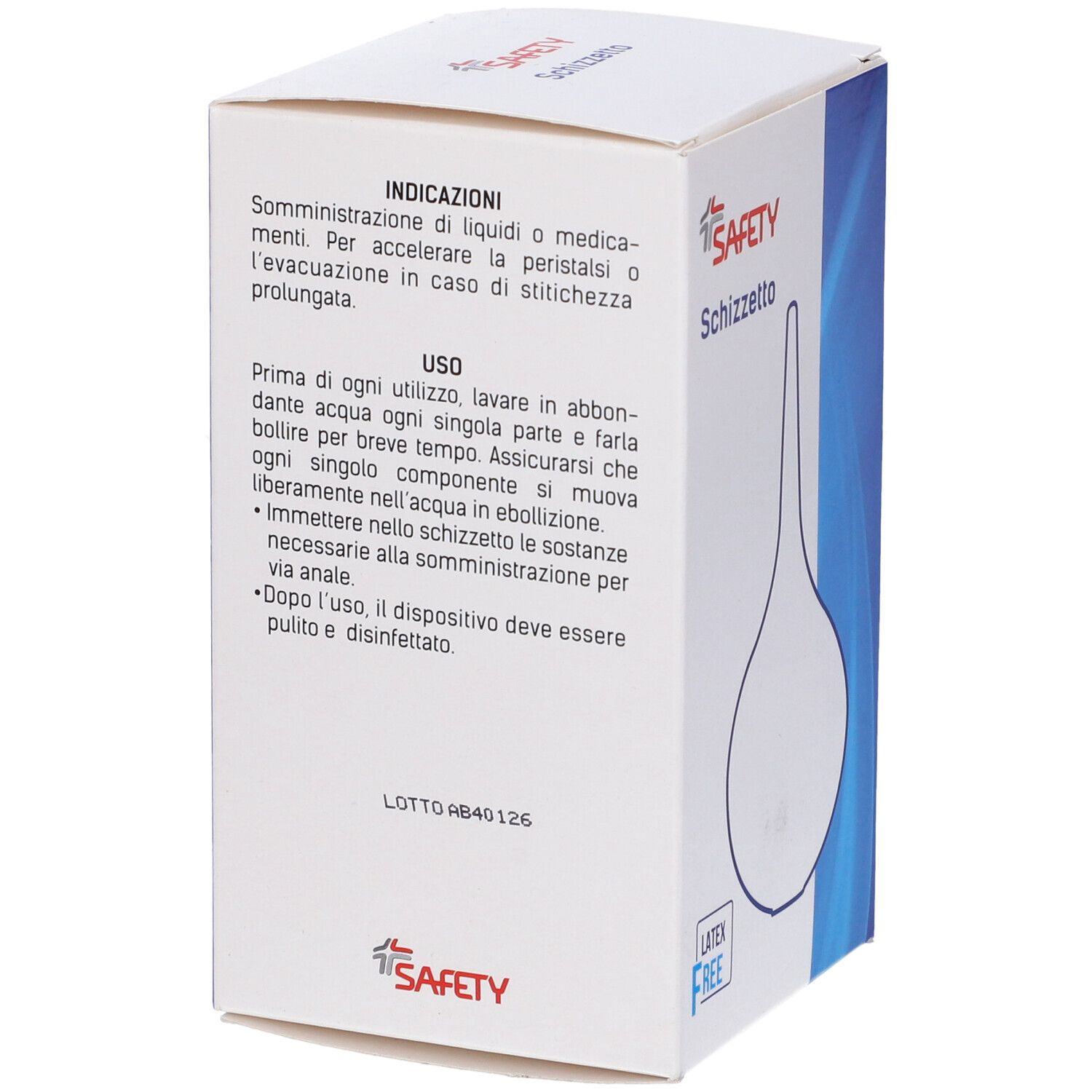 Confezione per Schizzetto. Marchio SAFETY. Istruzioni per l'uso in italiano.