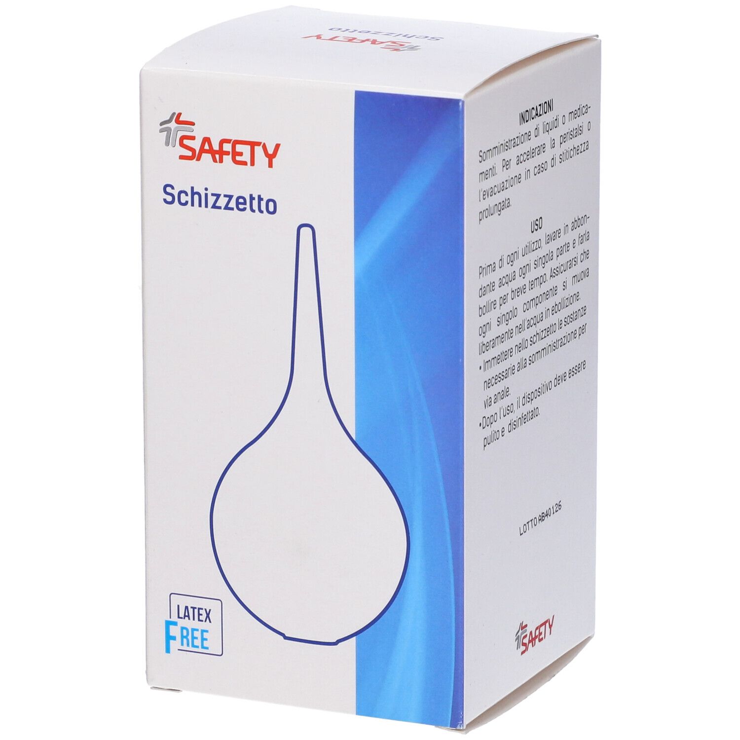 Confezione per Schizzetto. Marchio SAFETY. Illustrazione del prodotto. Testo in italiano.