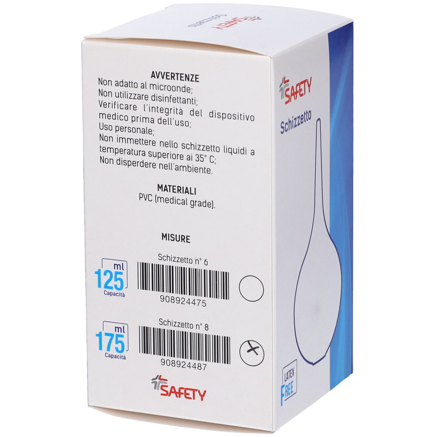 Confezione per Schizzetto. Marchio SAFETY. Avvertenze, materiale, misure in italiano.