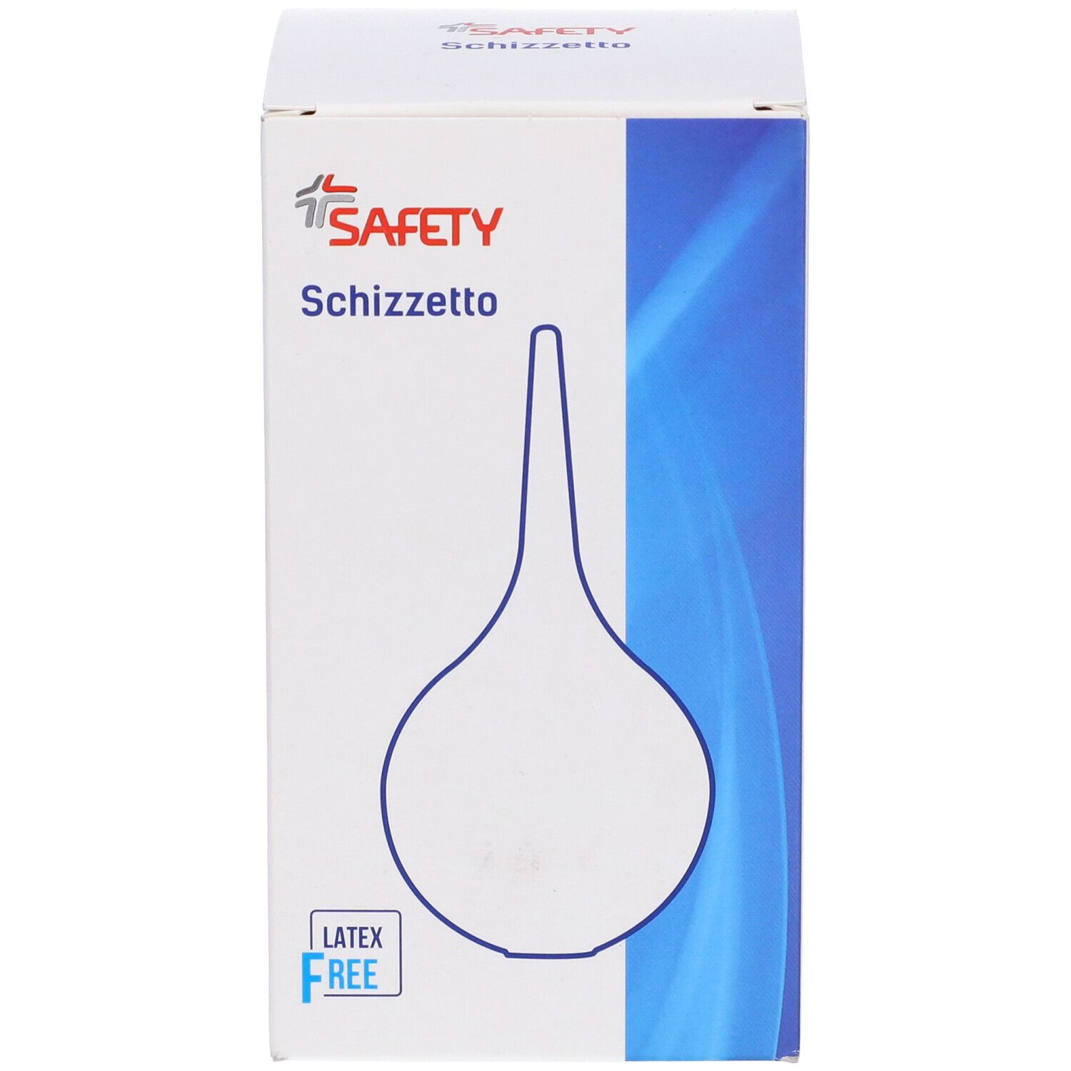 Confezione per Schizzetto. Marchio SAFETY. Senza lattice. Illustrazione del prodotto. Testo in italiano.