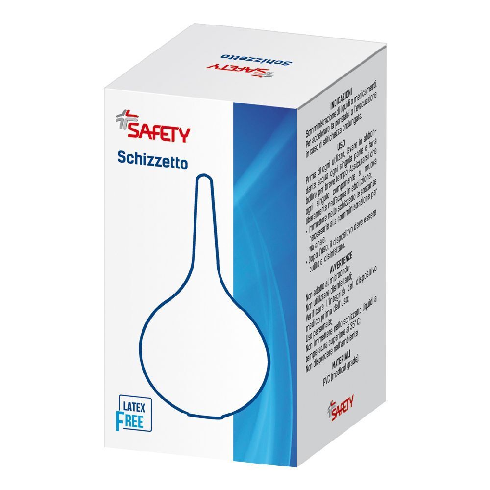 Confezione con contorno bianco del prodotto. Marchio SAFETY, nome prodotto Schizzetto. Senza lattice.