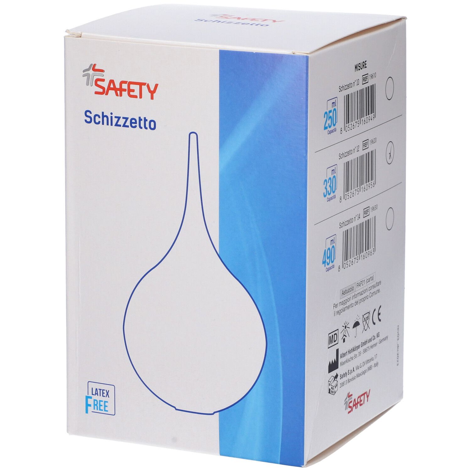 Confezione con contorno prodotto. Marchio SAFETY, nome Schizzetto. Misure 250, 330, 490. Senza lattice.