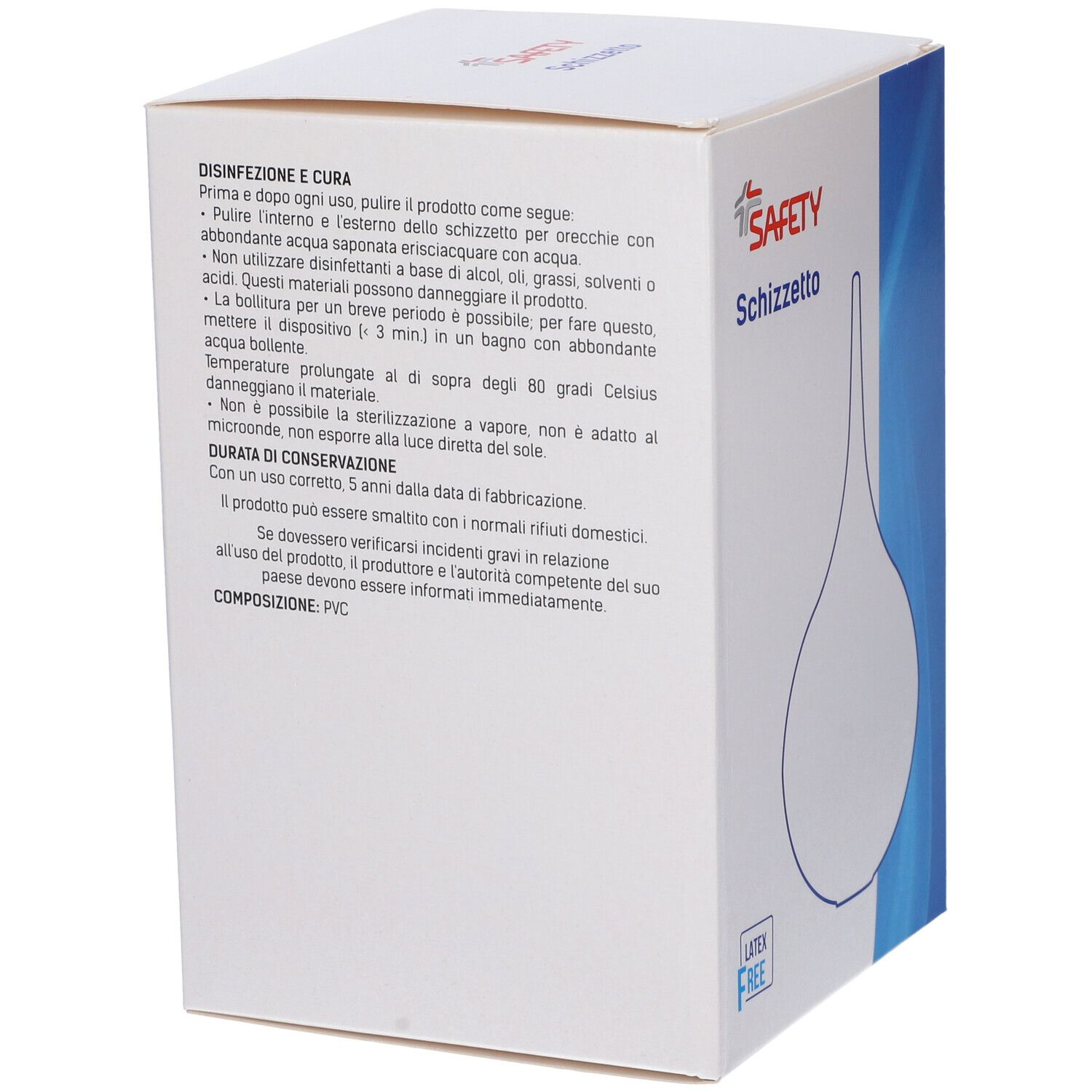 Confezione con contorno prodotto. Marchio SAFETY, nome Schizzetto. Testo: Disinfezione e cura. Senza lattice.