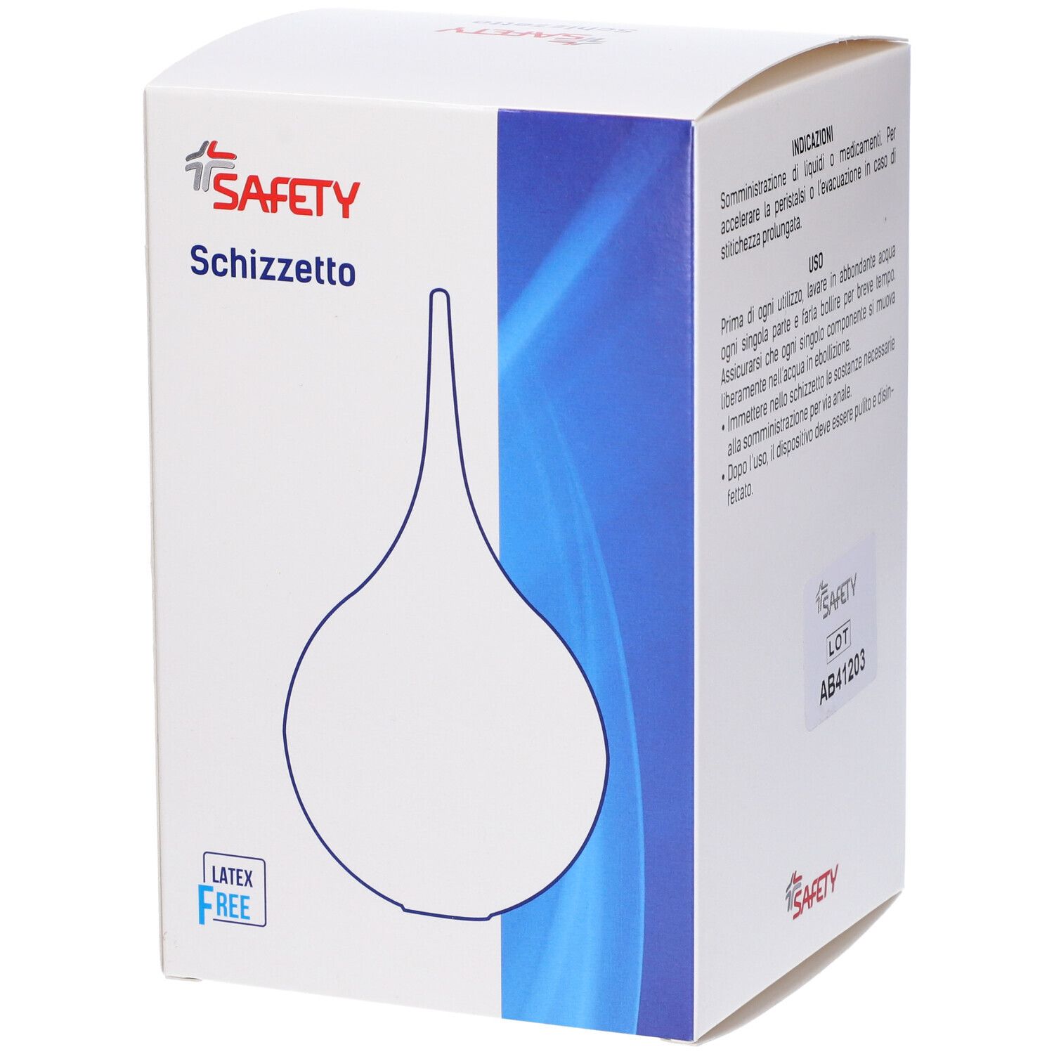 Confezione con contorno prodotto. Marchio SAFETY, nome Schizzetto. Testo: Indicazioni. Senza lattice.