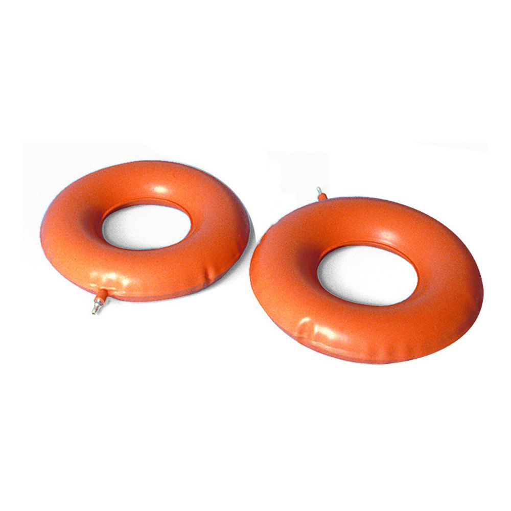 Due ciambelle gonfiabili arancioni con valvola. Forma circolare con foro centrale.