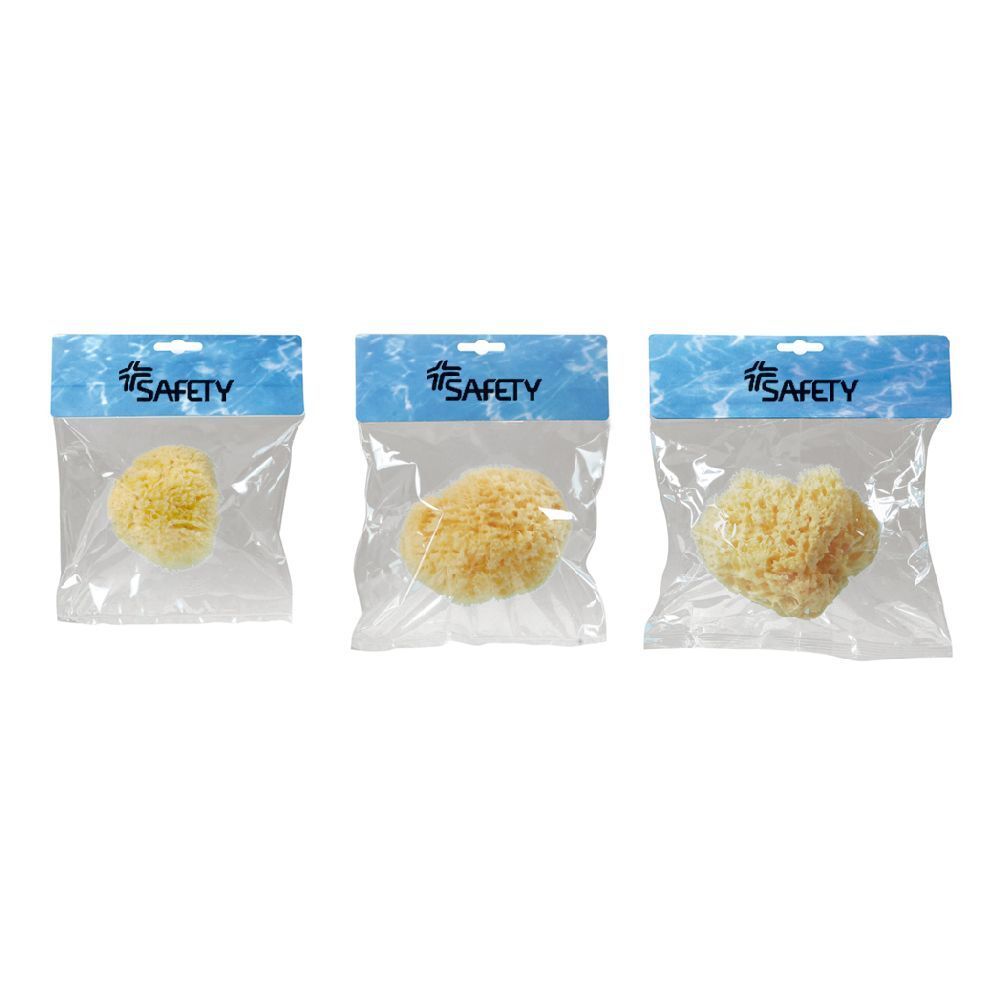 Tre spugne naturali gialle in confezioni di plastica. Forme diverse. Scritta "SAFETY" sulla confezione.