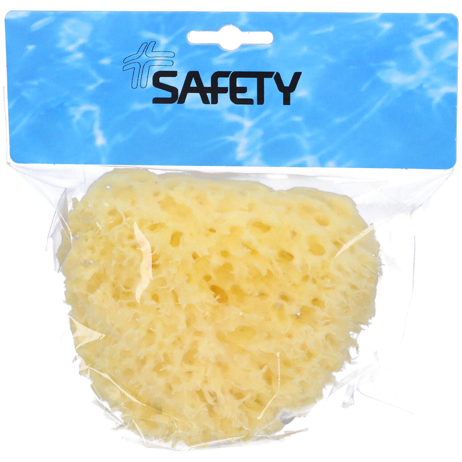 Spugna naturale gialla in confezione di plastica. Scritta "SAFETY" sulla confezione.