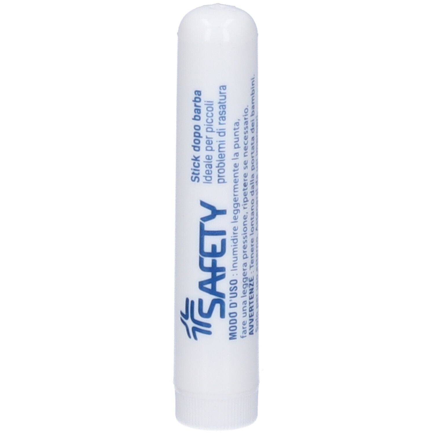 Stick bianco con testo blu. Scritta: SAFETY, Stick dopo barba. Forma arrotondata.