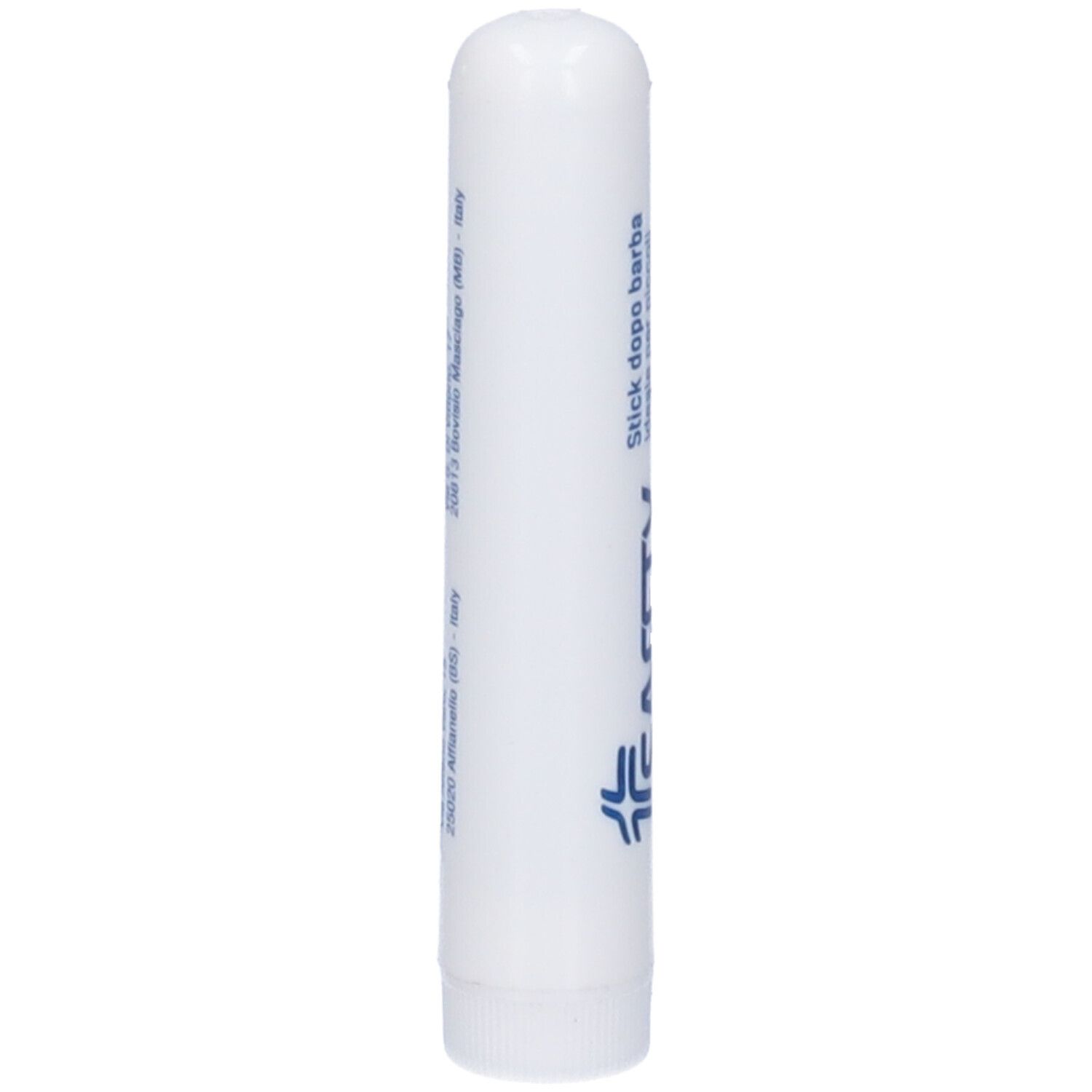 Stick bianco con testo blu. Scritta: SAFETY, Stick dopo barba. Forma arrotondata.