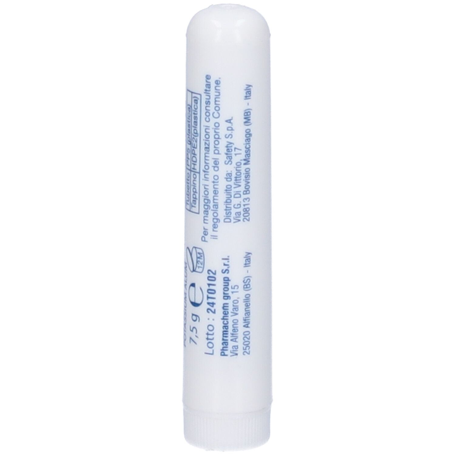 Stick bianco con testo blu. Scritta: SAFETY, Stick dopo barba. Forma arrotondata.