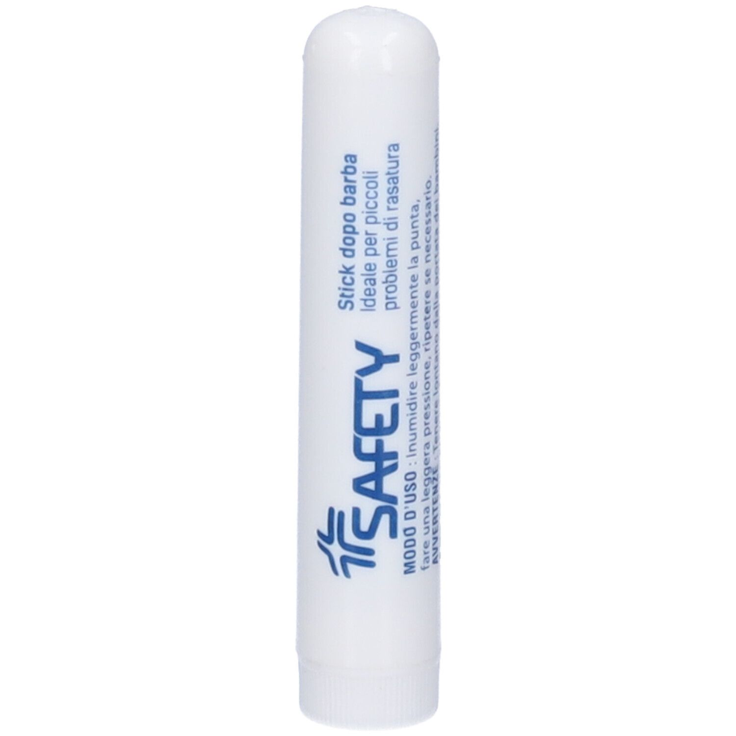 Stick bianco con testo blu. Scritta: SAFETY, Stick dopo barba. Forma arrotondata.