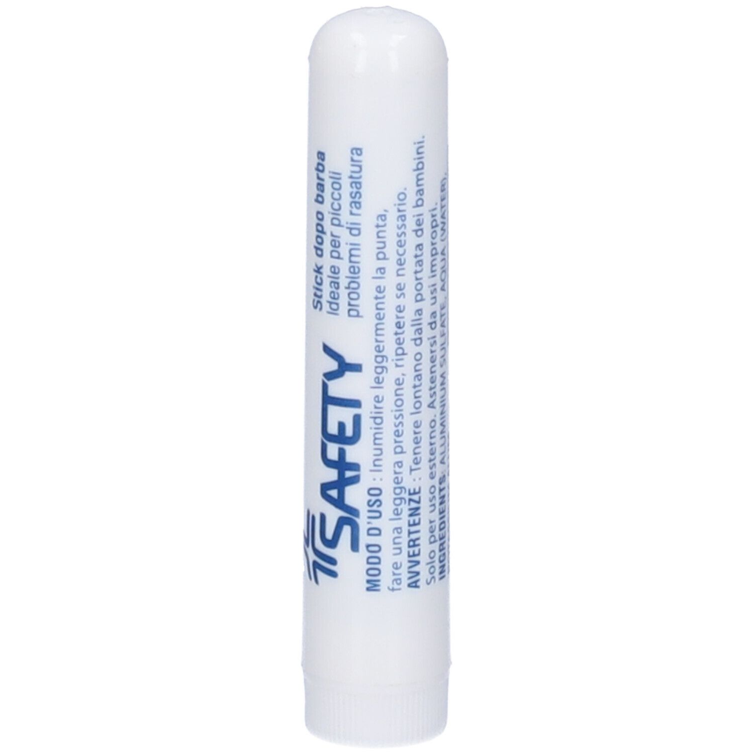 Stick bianco con testo blu. Scritta: SAFETY, Stick dopo barba. Forma arrotondata.