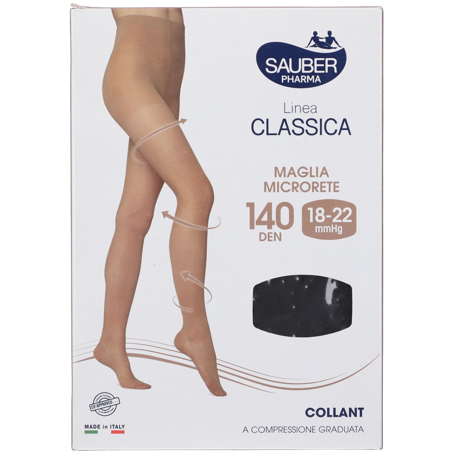 Confezione collant Sauber Classica, 140 Den, 18-22 mmHg. Immagine collant neri. Logo Sauber Pharma. Scritta 'Maglia Microrete'.