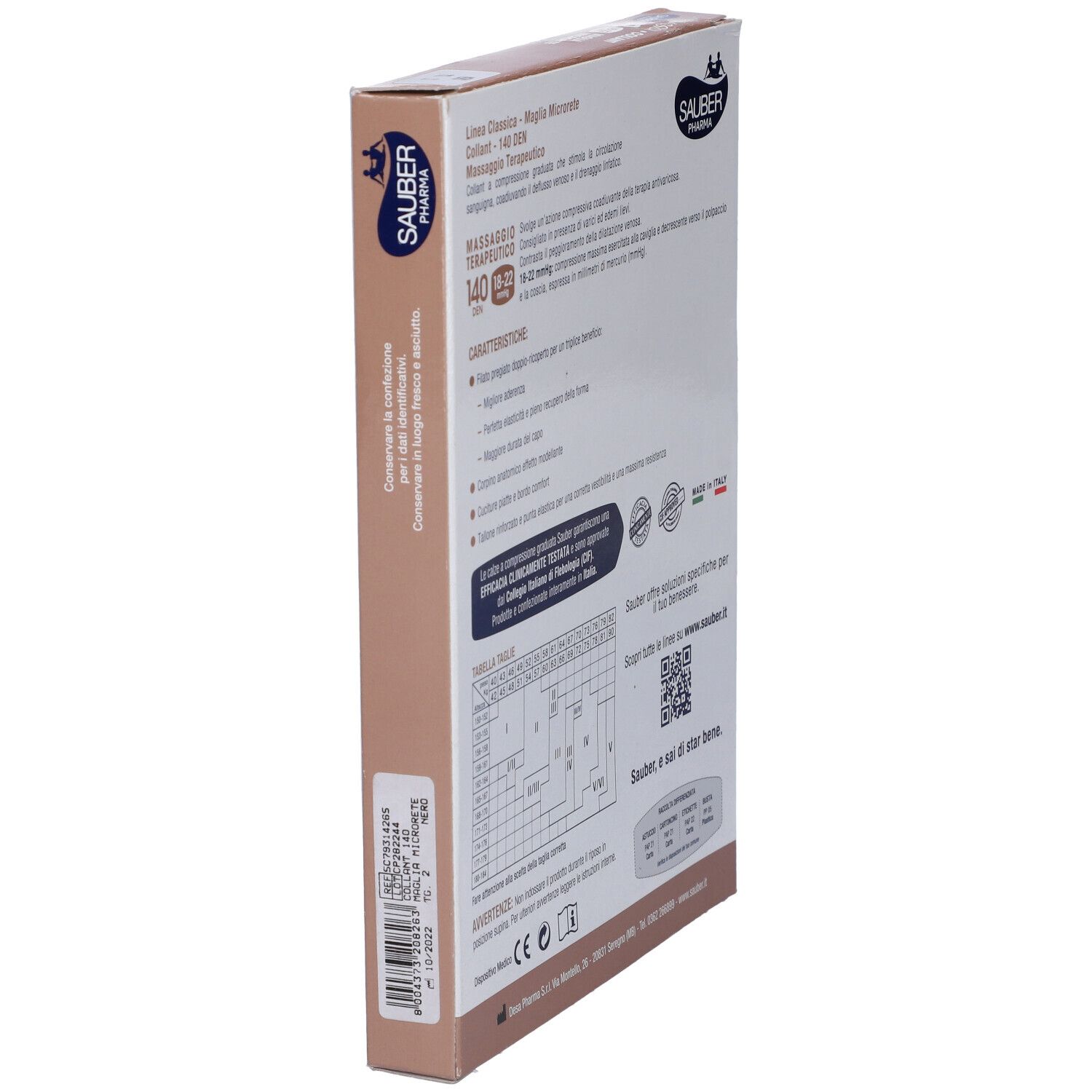 Vista laterale della confezione collant Sauber Classica. Testo: Maglia Microrete, 140 Den, 18-22 mmHg. Informazioni e QR code.