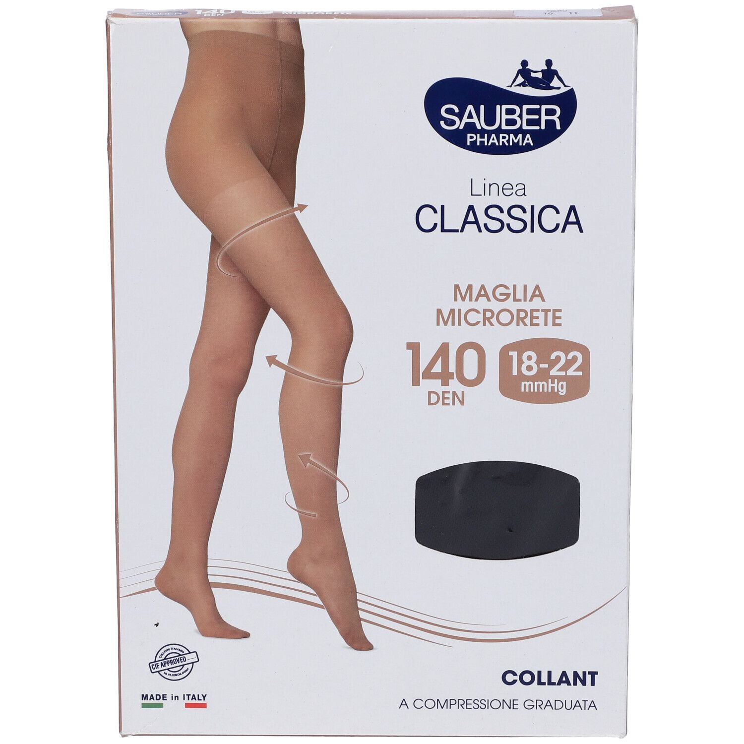 Confezione collant Sauber Classica 140 Den Nero. Dettagli: 18-22 mmHg, Maglia Microrete. Immagine di donna con collant.